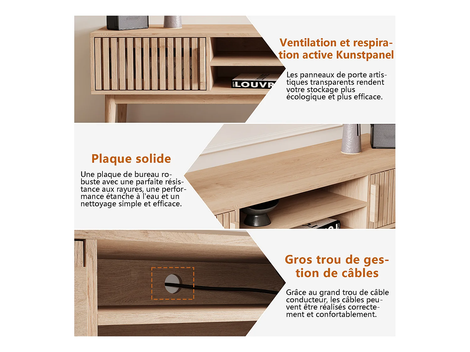 Meuble TV Bois Massif – Portes Ventilées, Rangement, Couleur Naturelle
