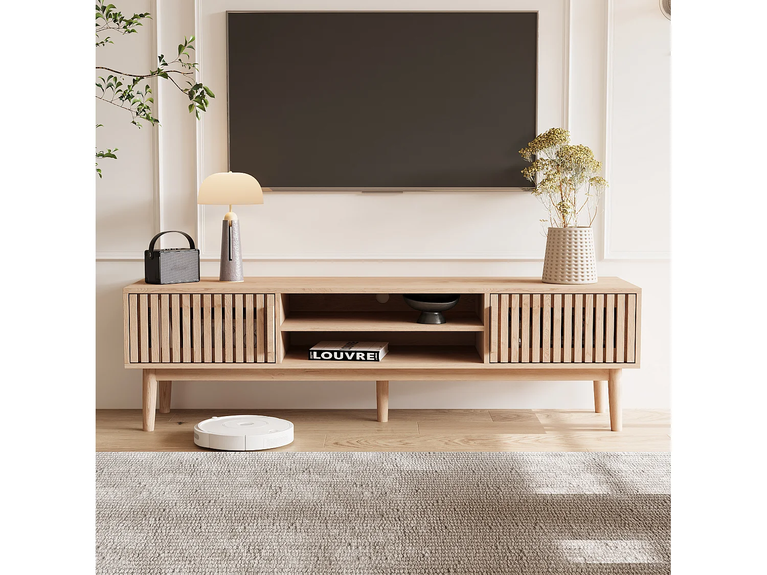 Mueble de TV de madera maciza con puertas ventiladas y espacio de almacenamiento, color natural