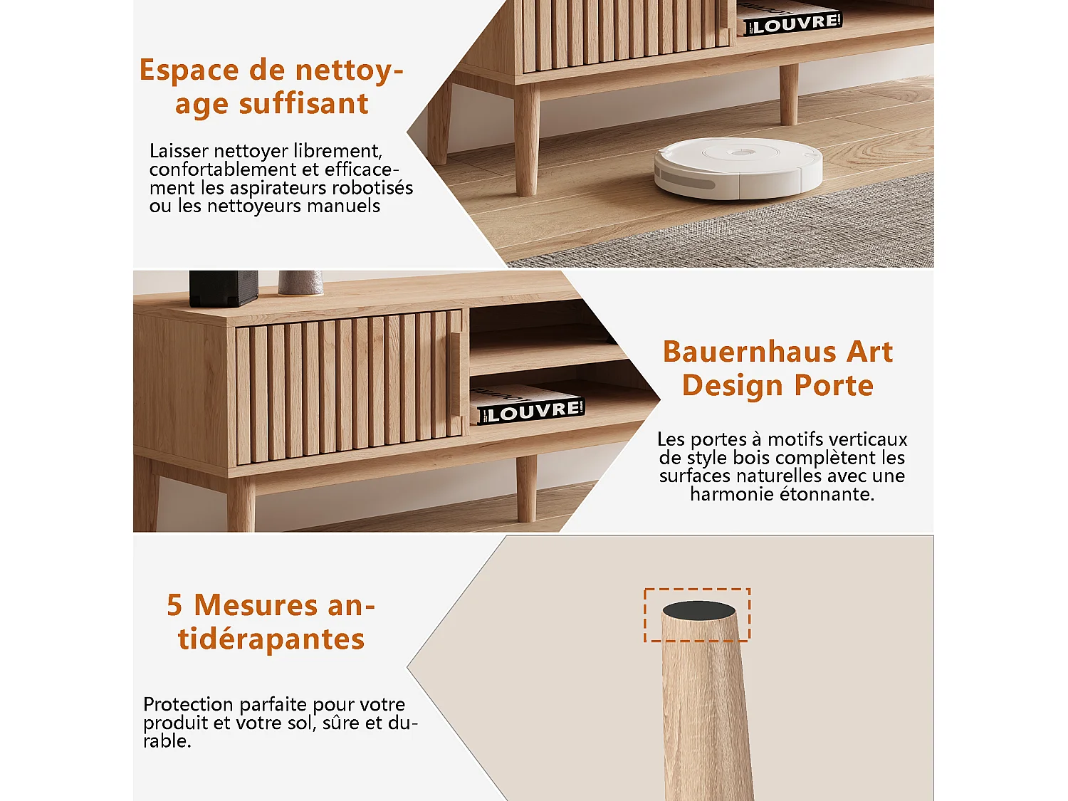 Mueble de TV de madera maciza con puertas ventiladas y espacio de almacenamiento, color natural