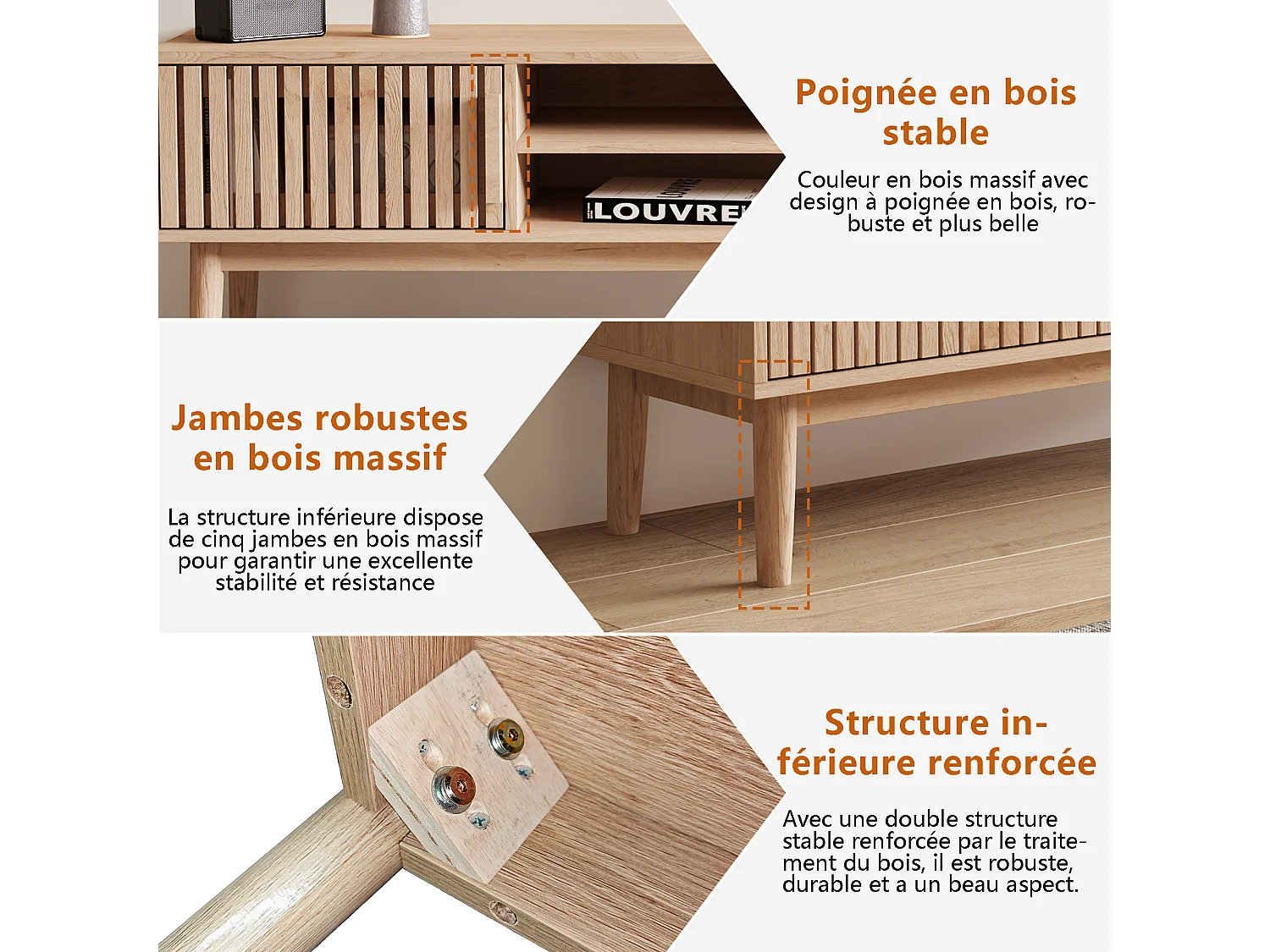 Mueble de TV de madera maciza con puertas ventiladas y espacio de almacenamiento, color natural