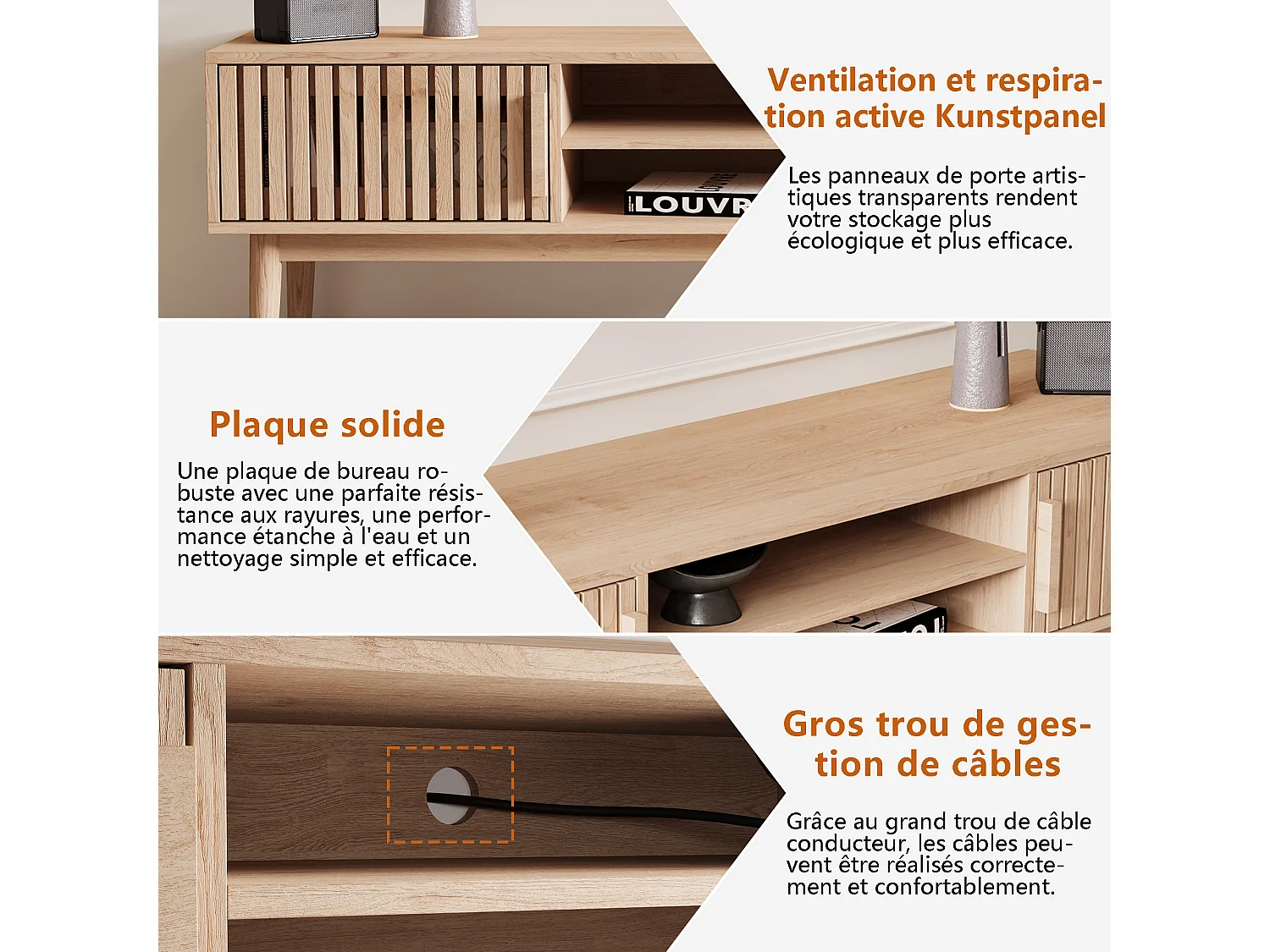 Mueble de TV de madera maciza con puertas ventiladas y espacio de almacenamiento, color natural