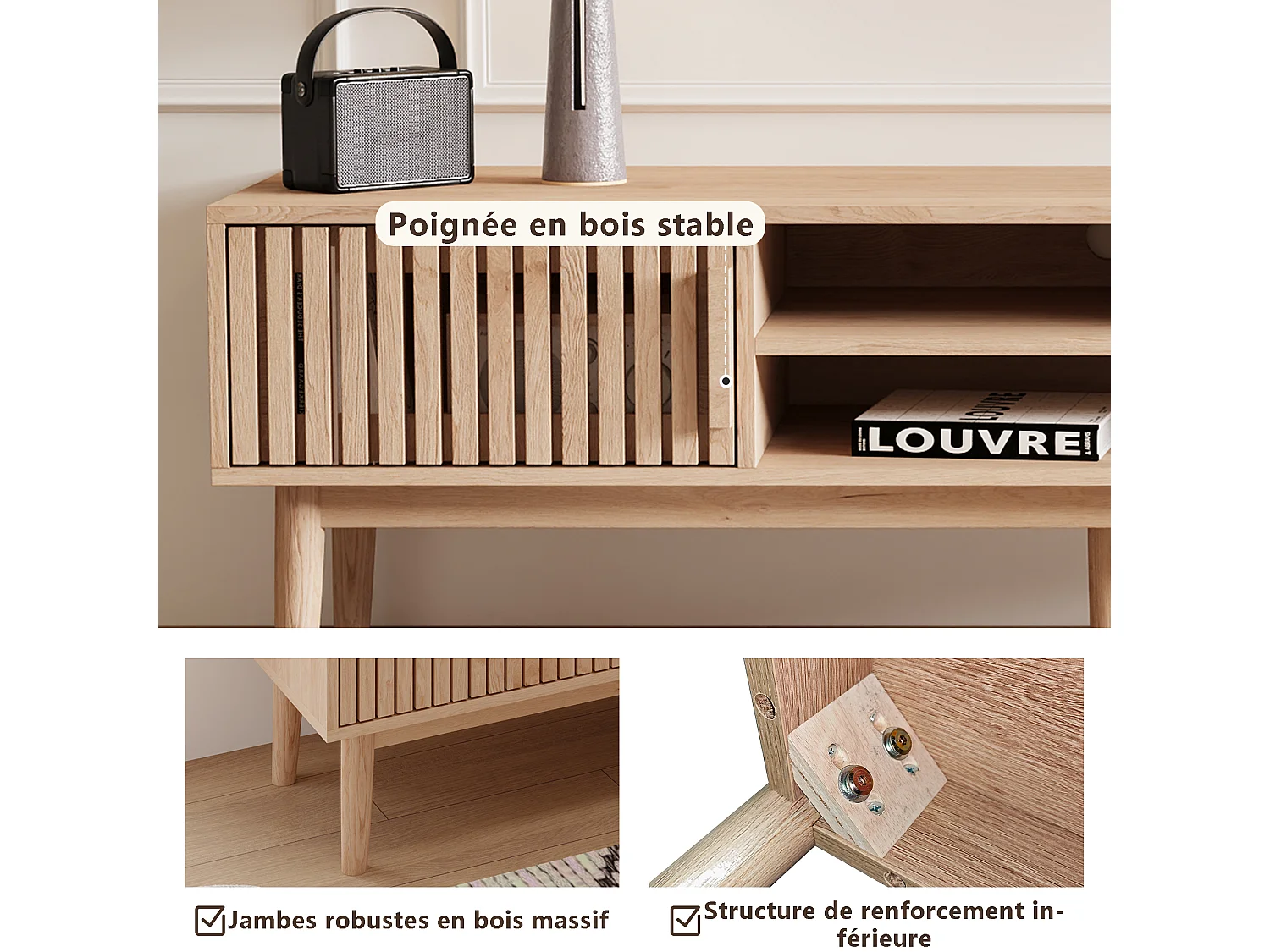 Mueble de TV de madera maciza con puertas ventiladas y espacio de almacenamiento, color natural