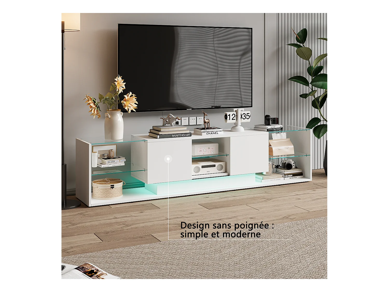 Witte LED-tv-standaard voor aan de muur - 200 cm, modern design, gehard glas, RGB-verlichting