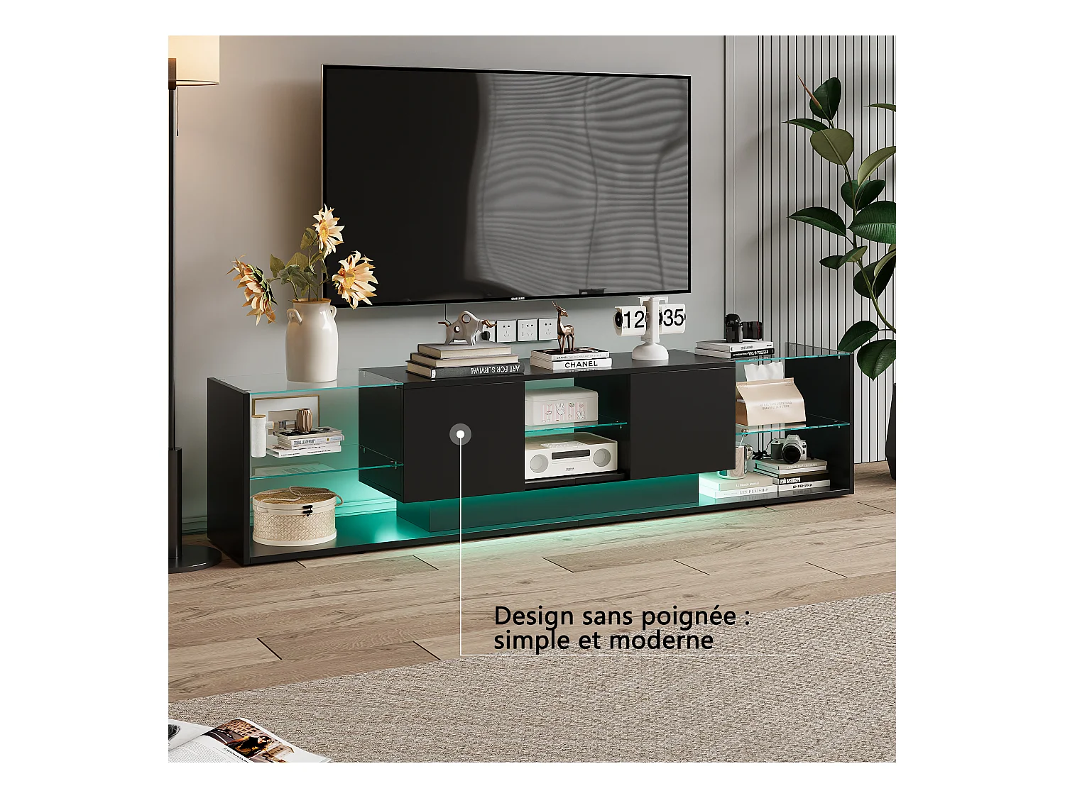 Suporte de TV LED de parede preto – 200 cm, design moderno, vidro temperado, iluminação RGB