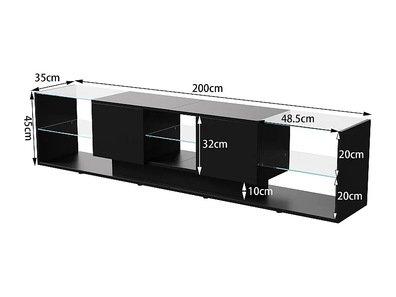 Zwarte LED-tv-standaard voor aan de muur - 200 cm, modern design, gehard glas, RGB-verlichting