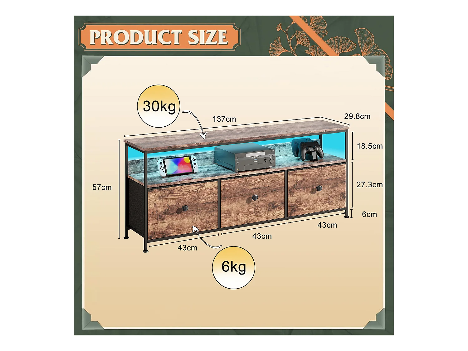 RGB-LED-TV-Ständer – 3 Vintage-Schubladen, Metallrahmen, verstellbares Regal, 137 x 30 x 57 cm