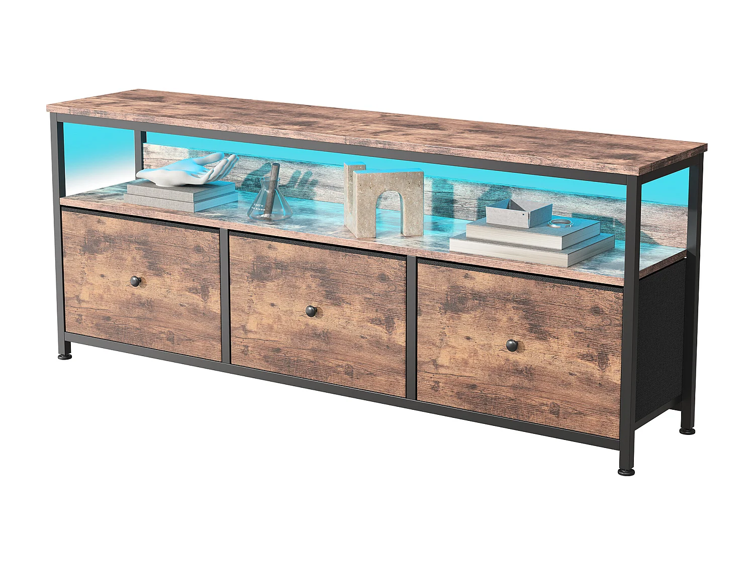 Meuble TV LED RGB – 3 Tiroirs Vintage, Structure Métal, Étagère Réglable, 137x30x57 cm