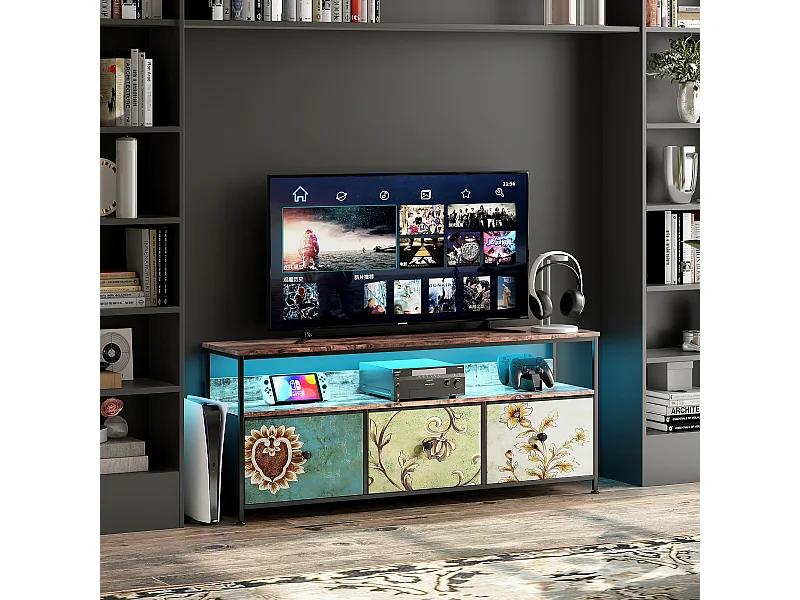 Meuble TV LED RGB – 3 Tiroirs Vintage, Structure Métal, Étagère Réglable, 137x30x57 cm