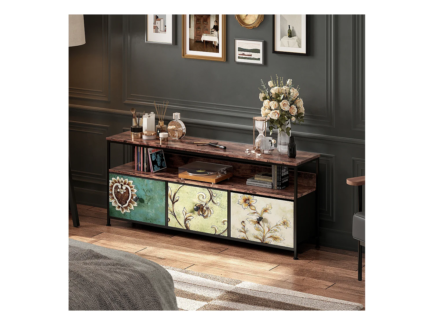 RGB-LED-TV-Ständer – 3 Vintage-Schubladen, Metallrahmen, verstellbares Regal, 137 x 30 x 57 cm