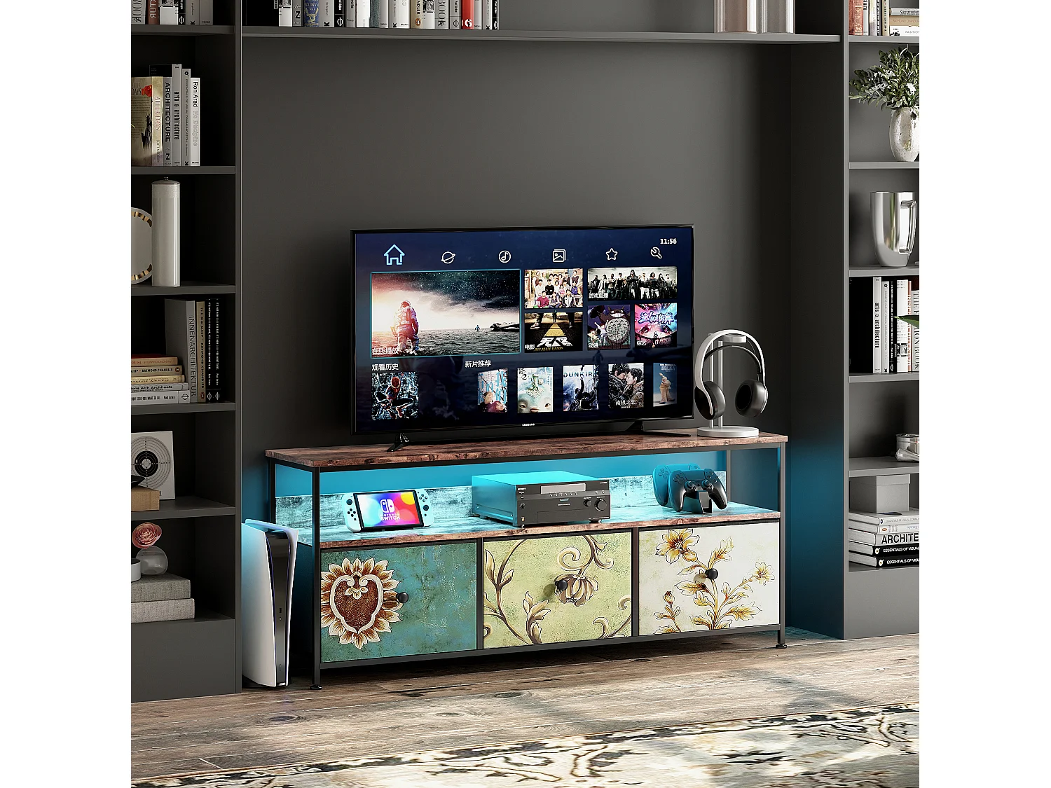 Meuble TV LED RGB – 3 Tiroirs Vintage, Structure Métal, Étagère Réglable, 137x30x57 cm