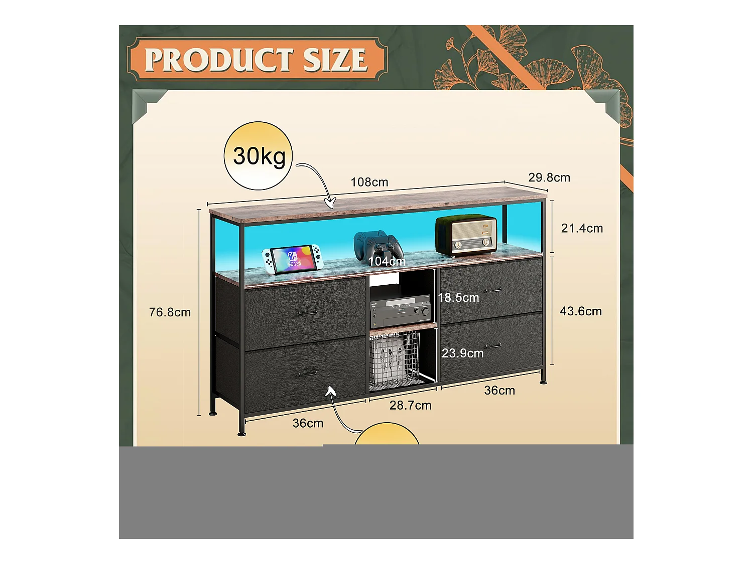 RGB-LED-TV-Ständer – 4 Vintage-Schubladen, Metallrahmen, verstellbares Regal, 108 x 30 x 57 cm