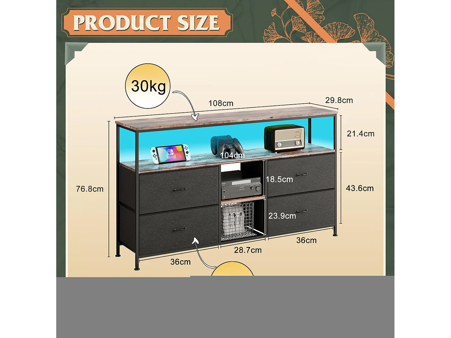 Meuble TV LED RGB – 4 Tiroirs Vintage, Structure Métal, Étagère Réglable, 108x30x57 cm