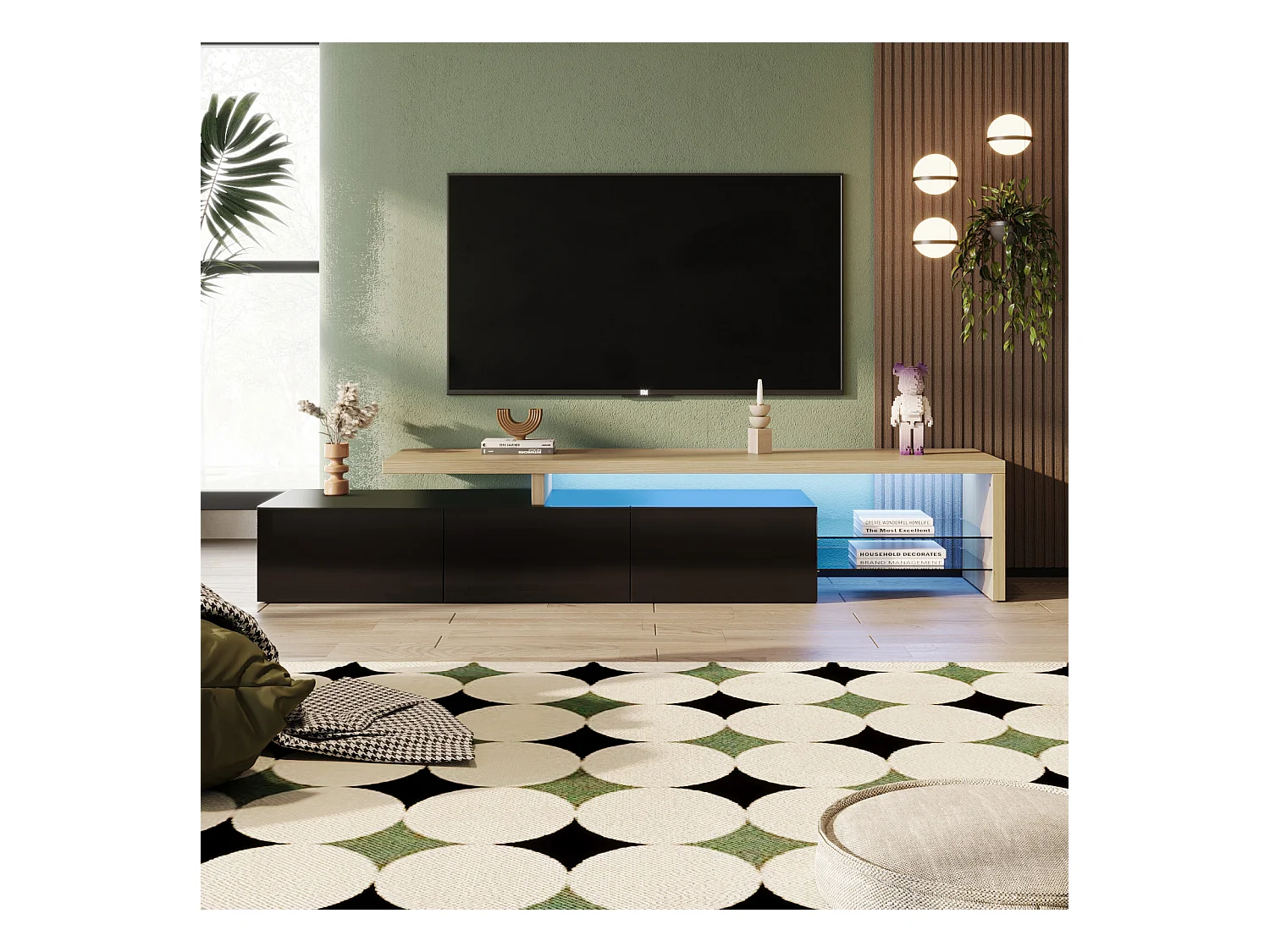 Moderner LED-TV-Ständer – Schwarz und Eiche, 200 cm, mit europäischem Ladegerät