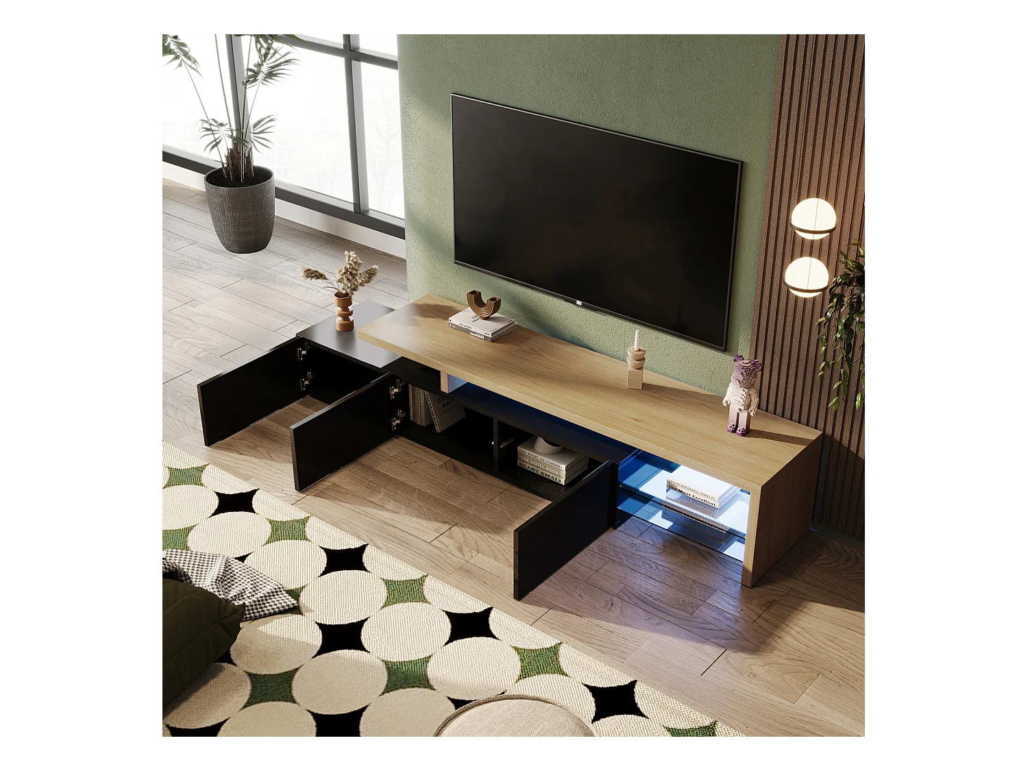 Moderner LED-TV-Ständer – Schwarz und Eiche, 200 cm, mit europäischem Ladegerät