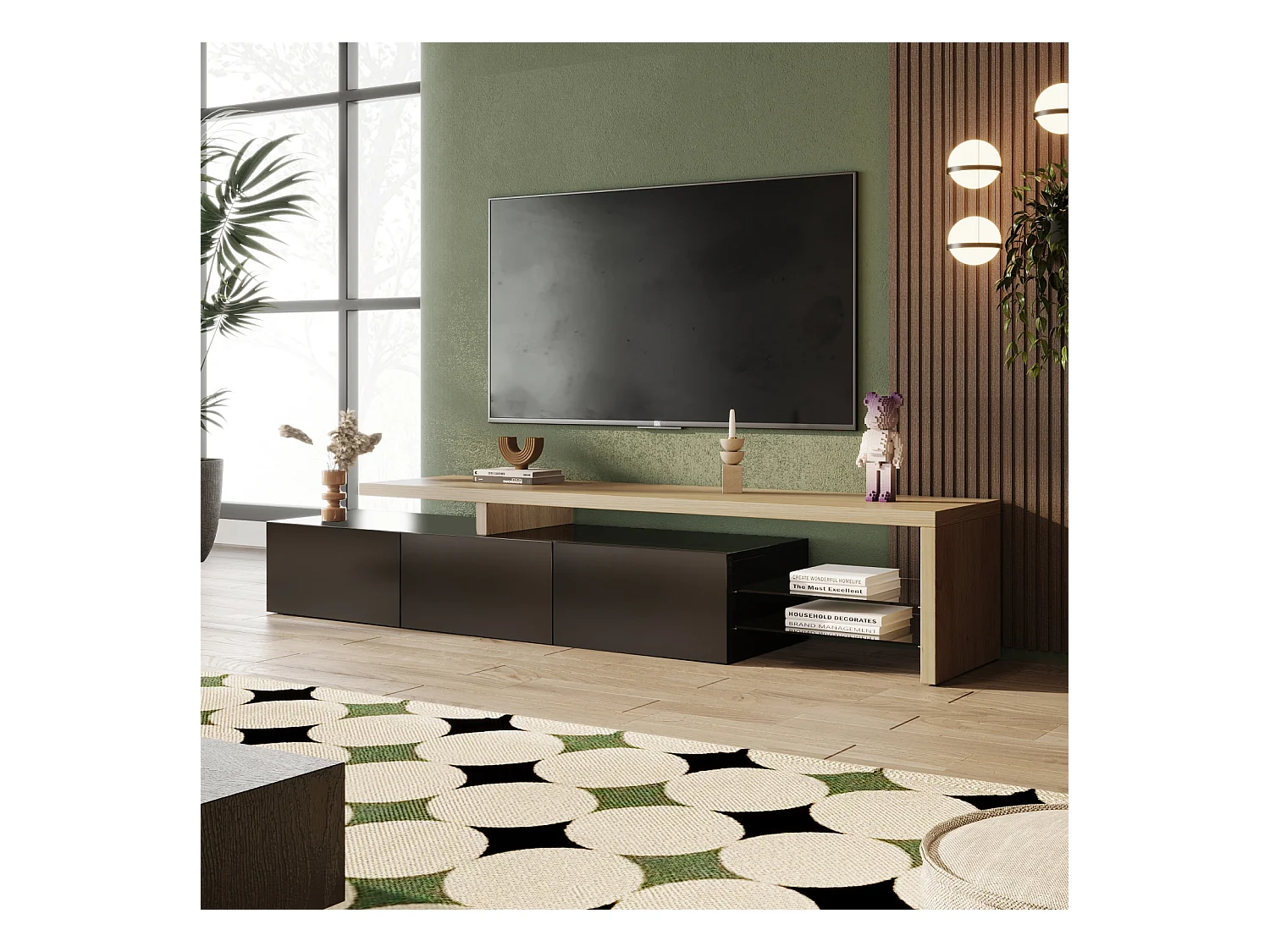 Moderner LED-TV-Ständer – Schwarz und Eiche, 200 cm, mit europäischem Ladegerät