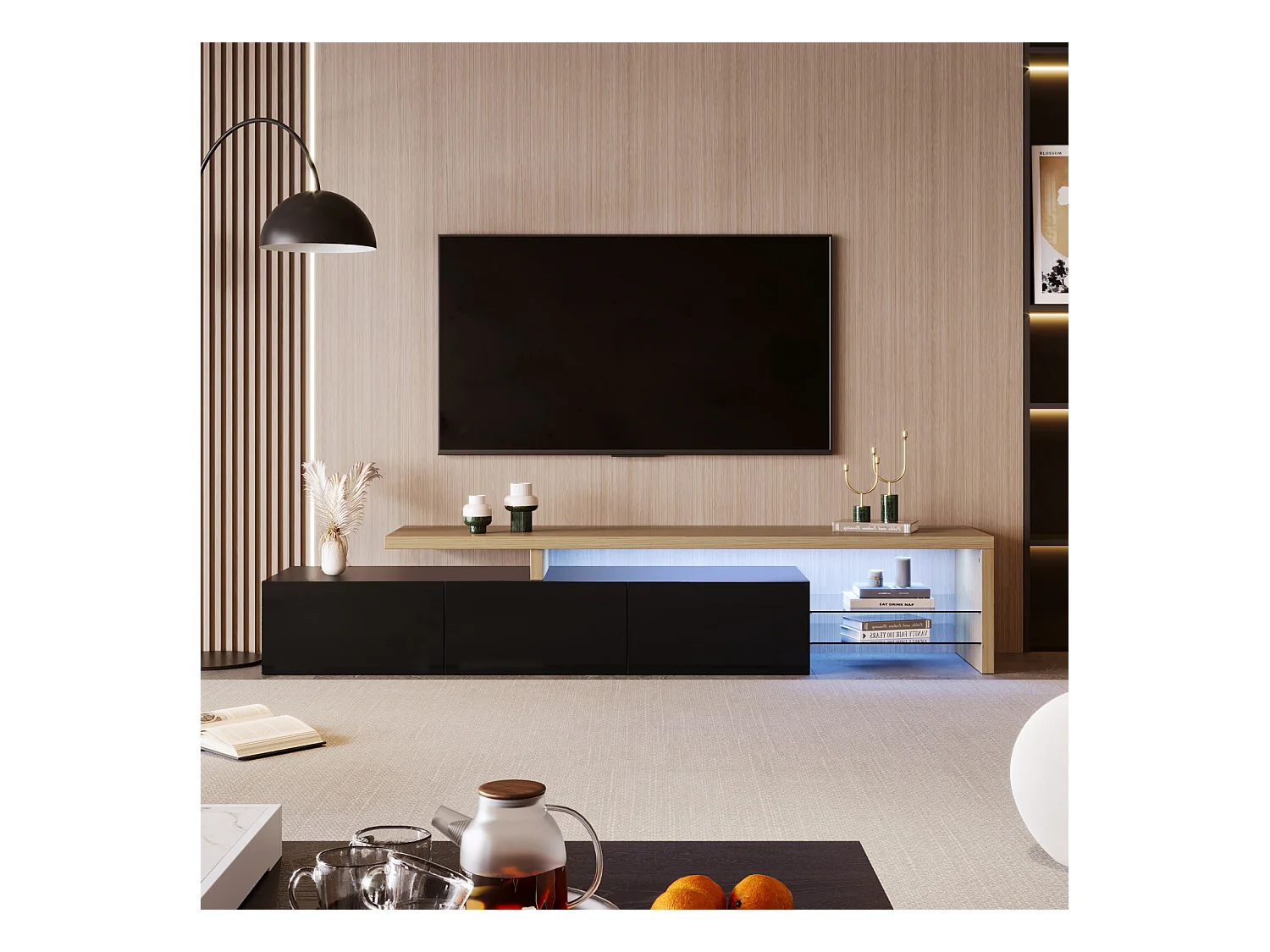 Moderner LED-TV-Ständer – Schwarz und Eiche, 200 cm, mit europäischem Ladegerät