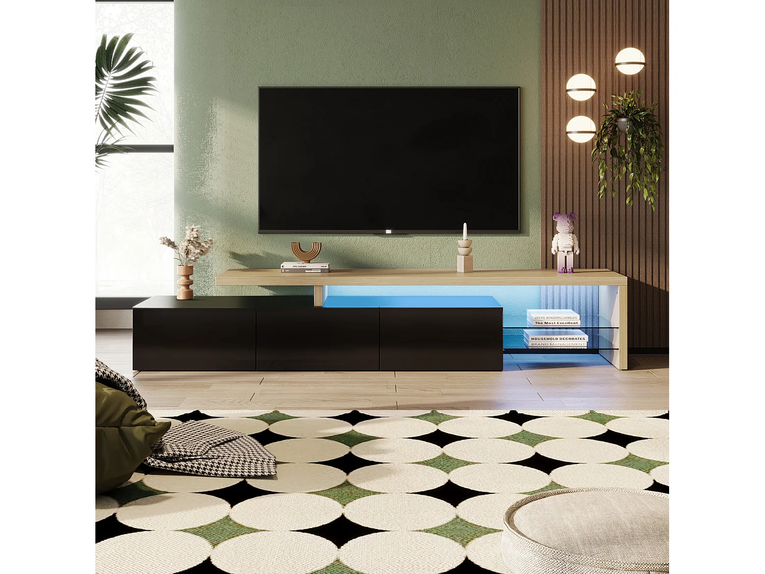 Meuble TV Moderne LED – Noir et Chêne, 200 cm, avec Chargeur Européen