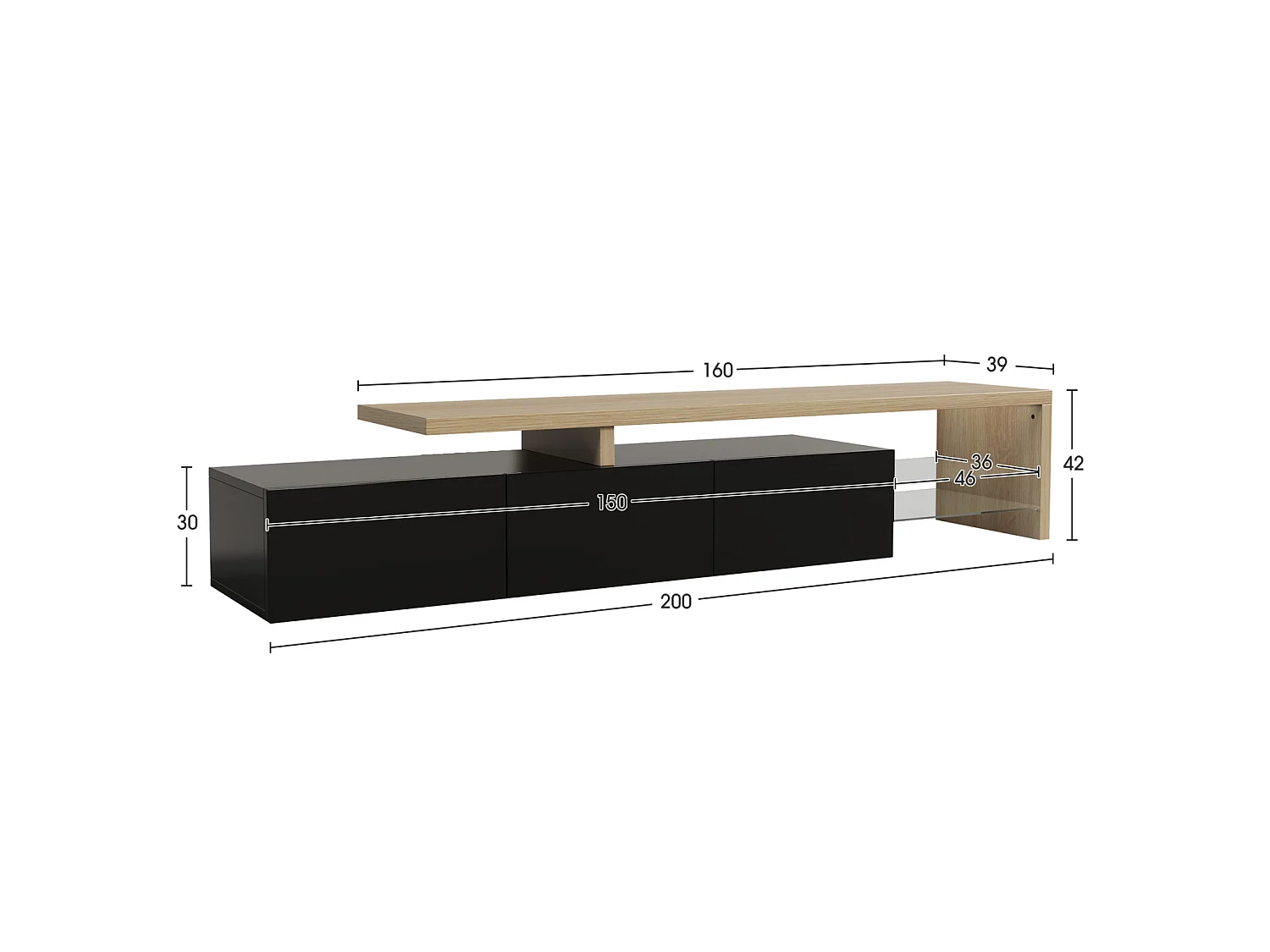 Meuble TV Moderne LED – Noir et Chêne, 200 cm, avec Chargeur Européen