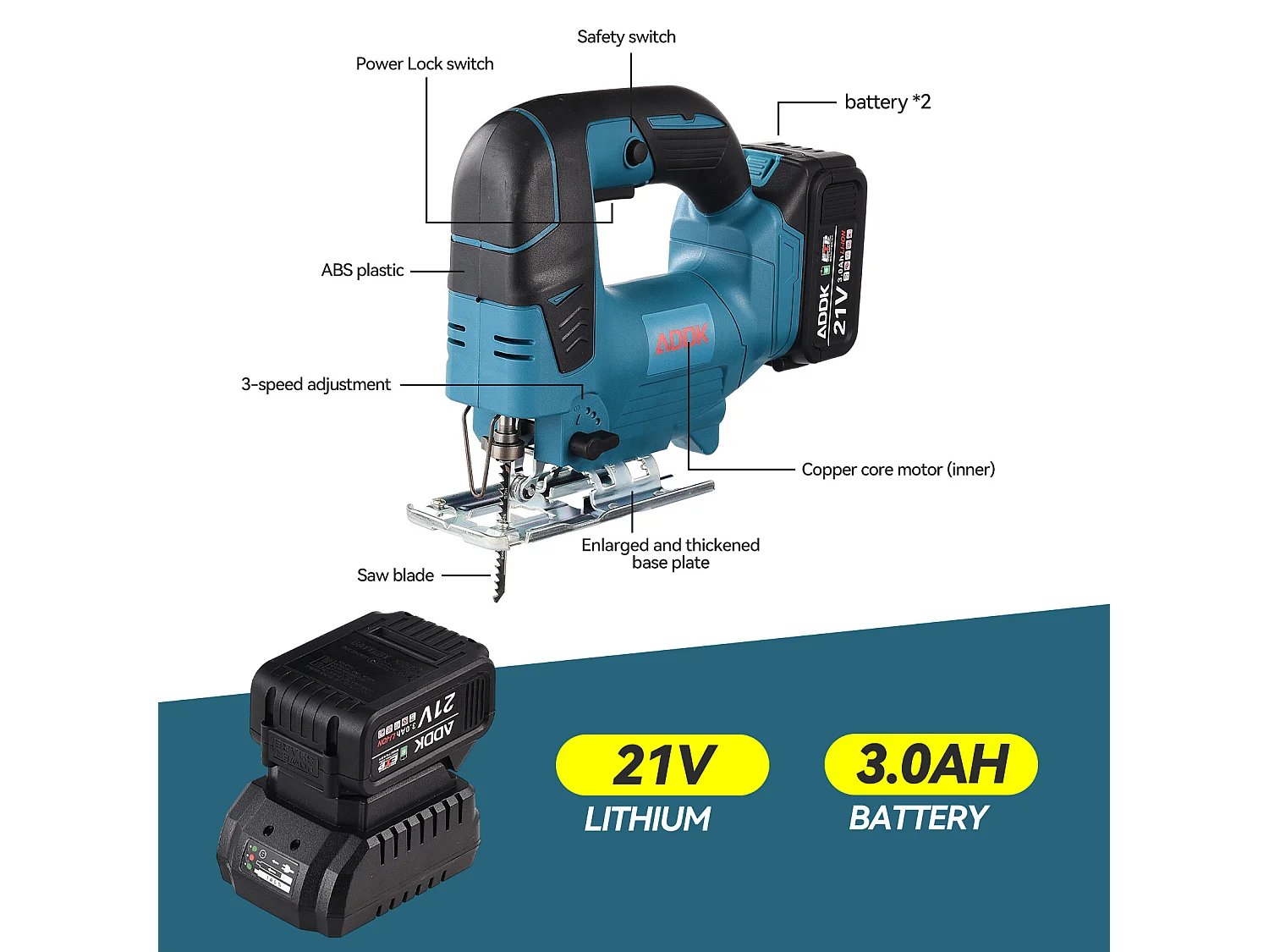 Scie Sauteuse Sans Fil 21V Brushless - 1 Batterie 3.0Ah + Chargeur + 5 Lames - Boîte PP