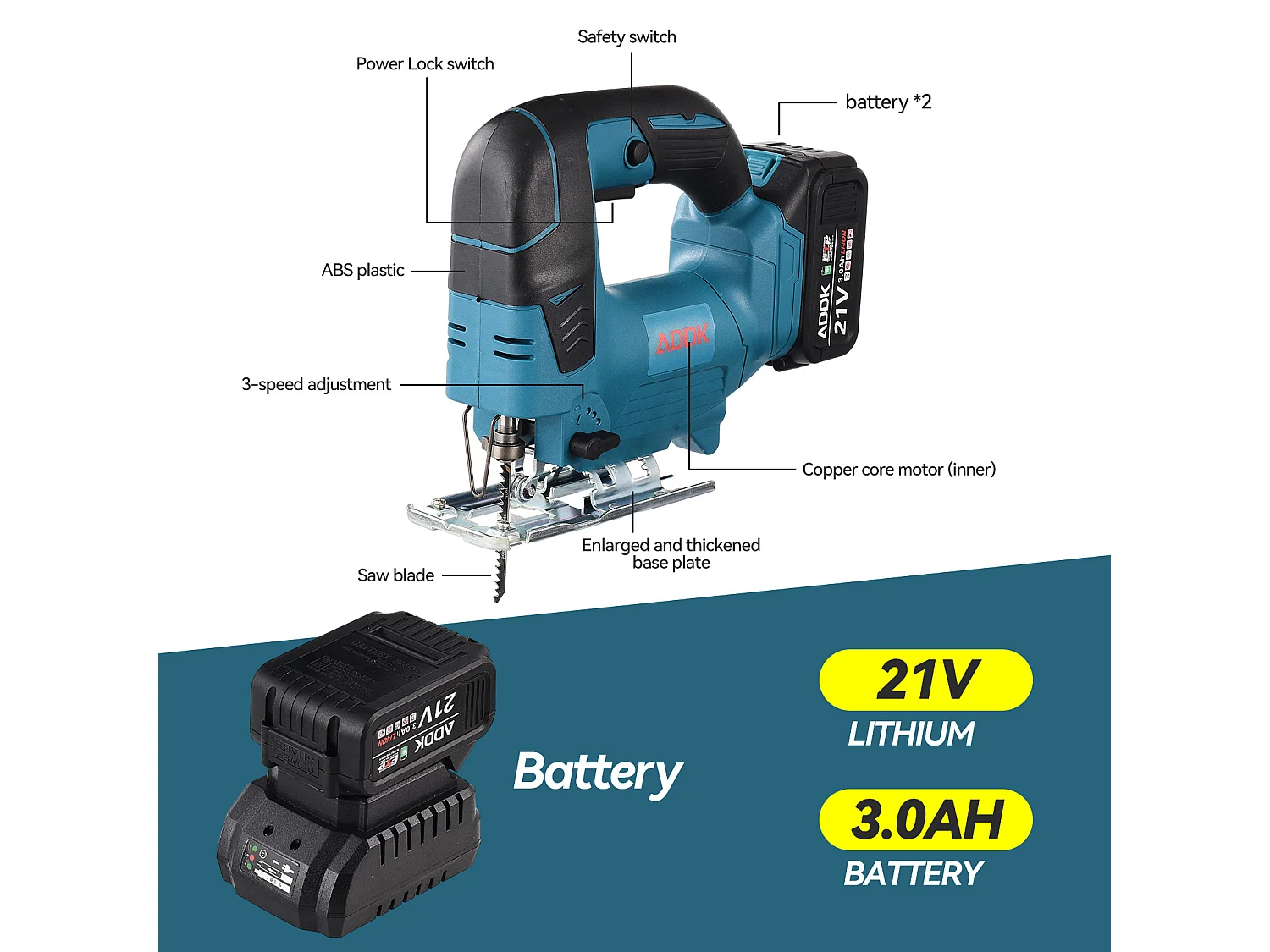 Scie Sauteuse Sans Fil 21V Brushless - 1 Batterie 3.0Ah + Chargeur + 5 Lames - Boîte PP