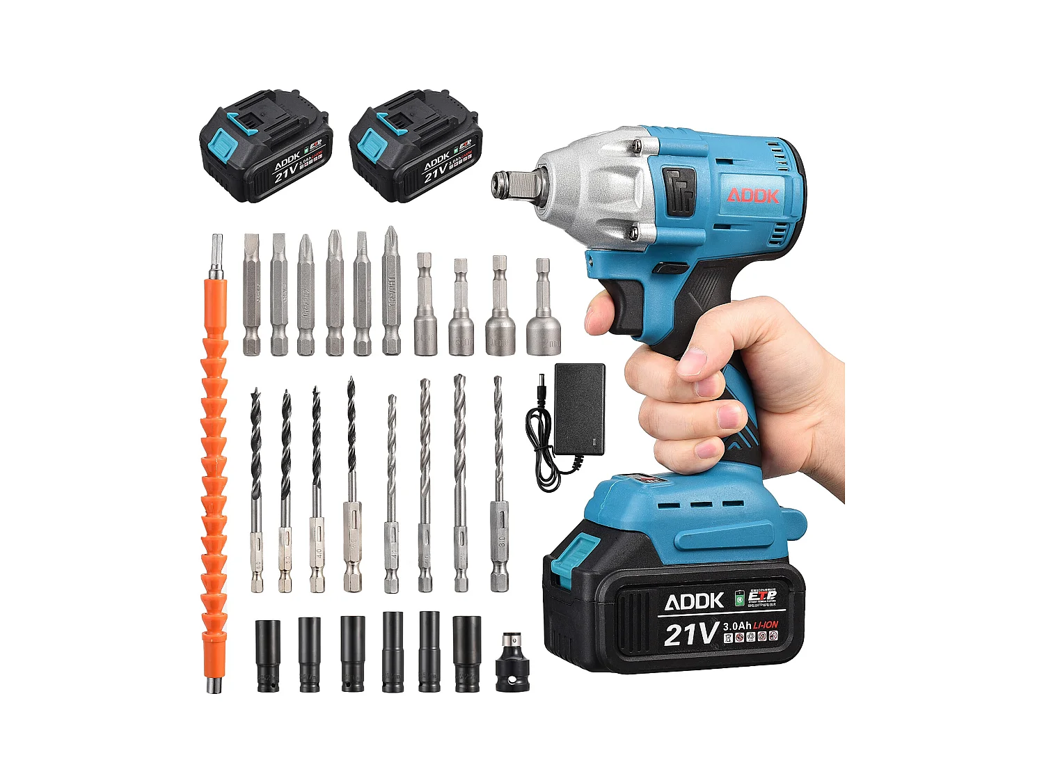 Chave de Impacto Sem Fio 21V 3,0Ah - Motor Sem Escovas - Caixa com 25 Acessórios - Azul