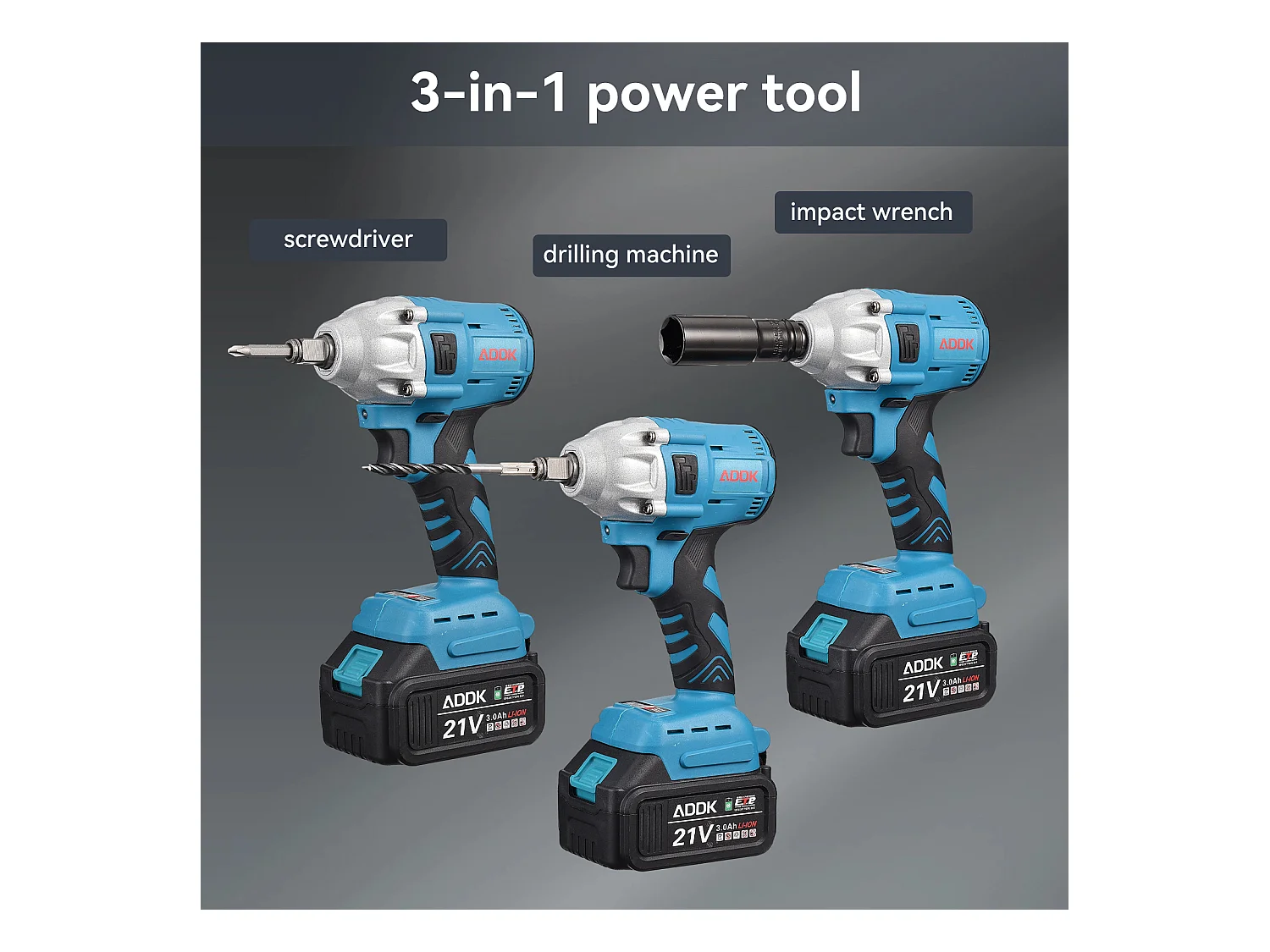 Chave de Impacto Sem Fio 21V 3,0Ah - Motor Sem Escovas - Caixa com 25 Acessórios - Azul