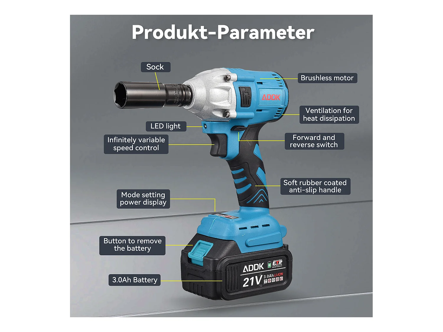 Chave de Impacto Sem Fio 21V 3,0Ah - Motor Sem Escovas - Caixa com 25 Acessórios - Azul