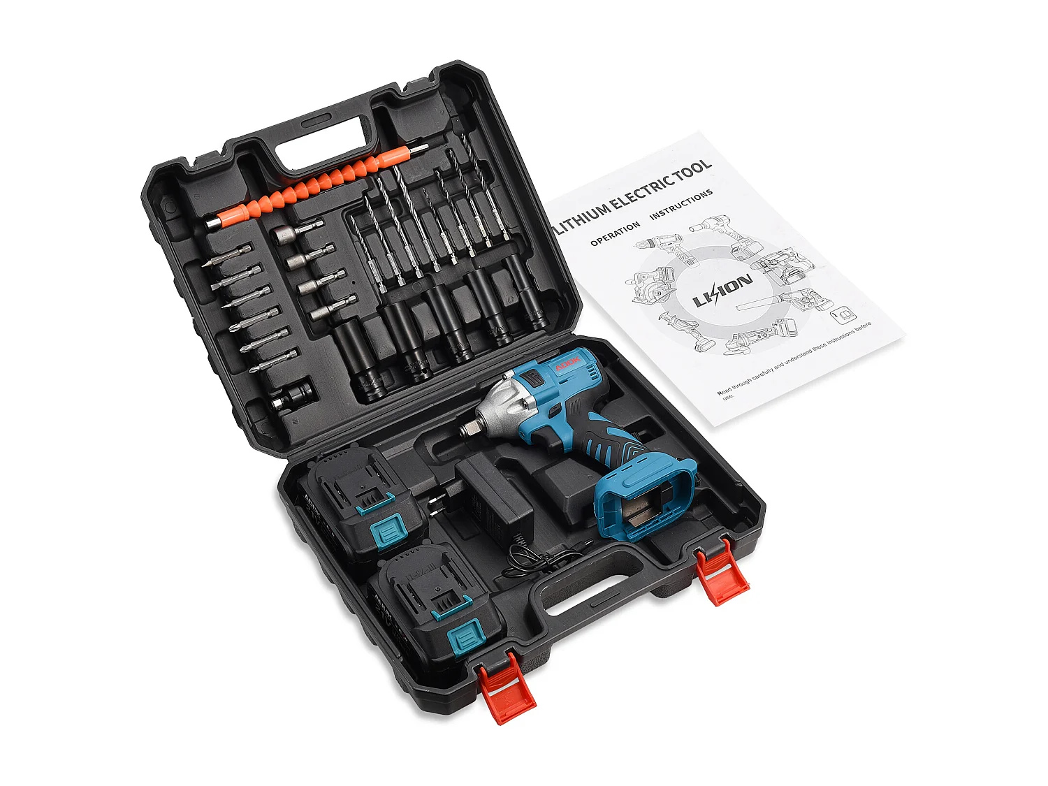 Clé à Chocs Sans Fil 21V 3.0Ah - Moteur Sans Balais - Boîte de 25 Accessoires - Bleu