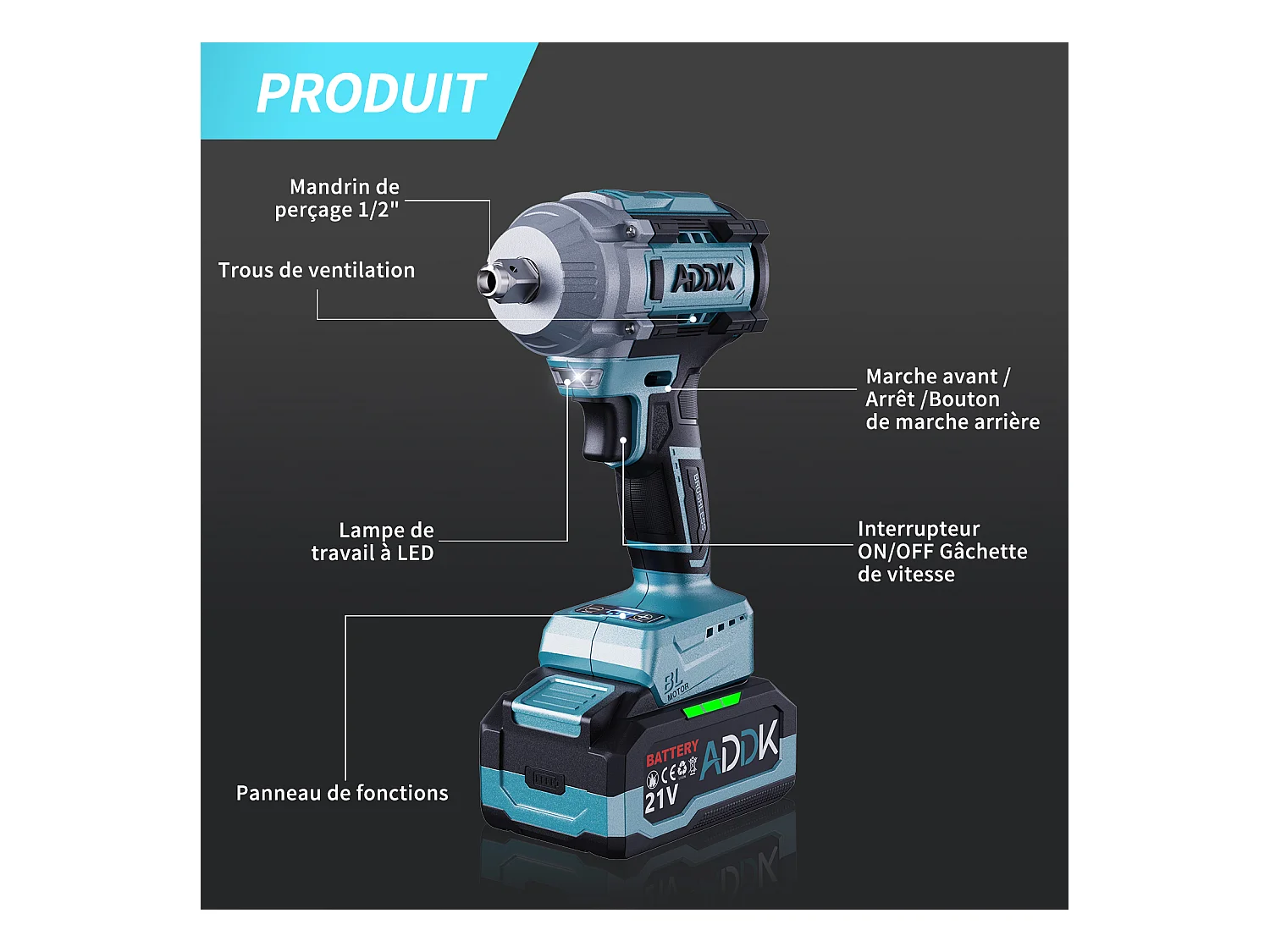Chave de Impacto Sem Fio 21V 3.0Ah - Torque Máximo 750Nm - Motor Sem Escovas - Chave de Impacto - Azul