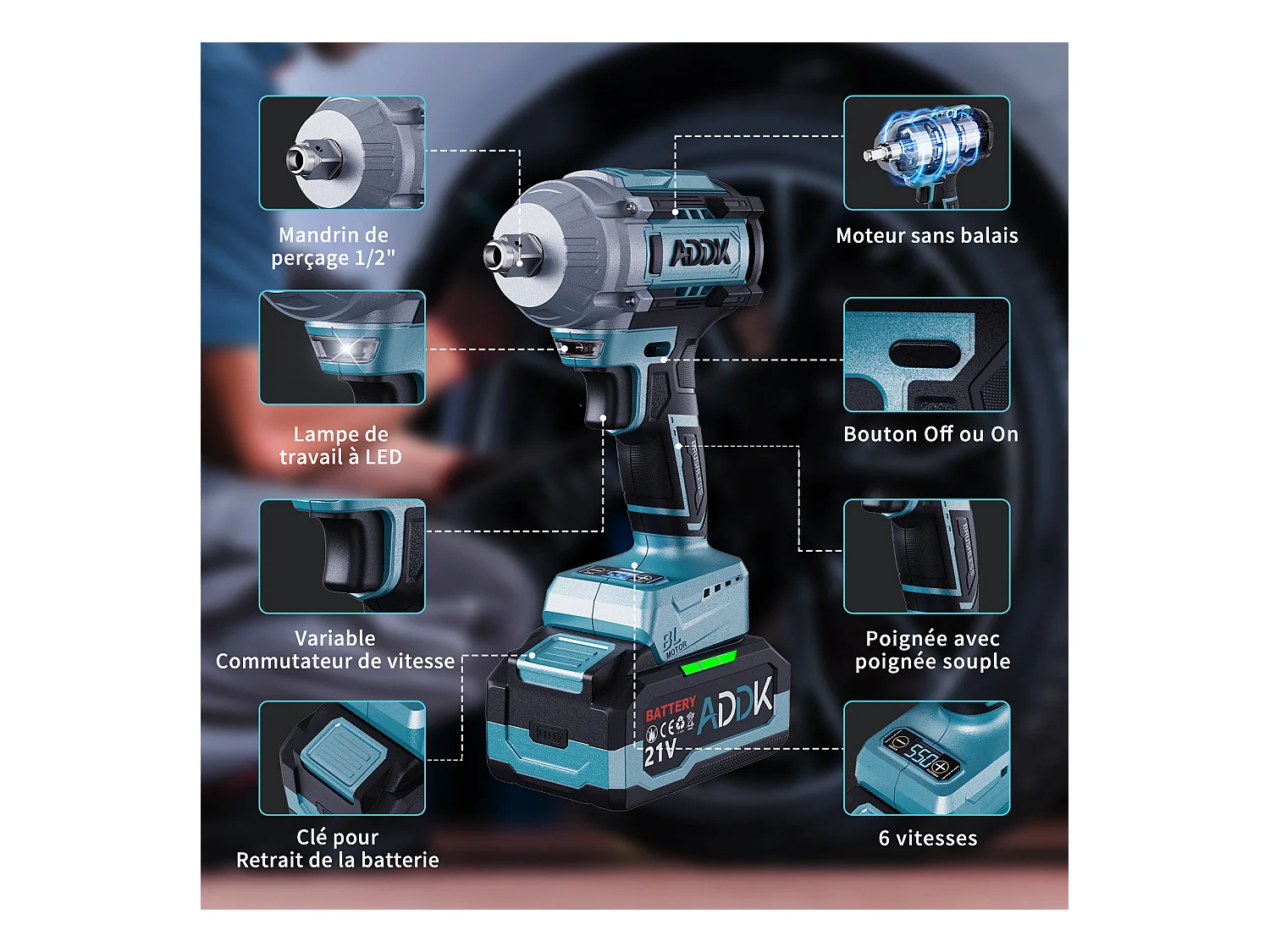 Chave de Impacto Sem Fio 21V 3.0Ah - Torque Máximo 750Nm - Motor Sem Escovas - Chave de Impacto - Azul