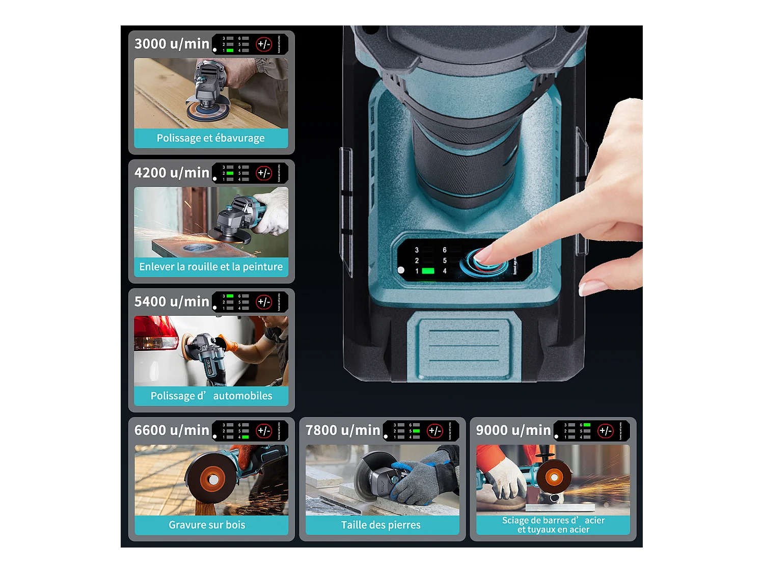 Esmerilhadeira angular sem fio de 125 mm - 2 baterias de 21 V e 4,0 Ah - Motor sem escovas de 9000 rpm - 6 níveis ajustáveis