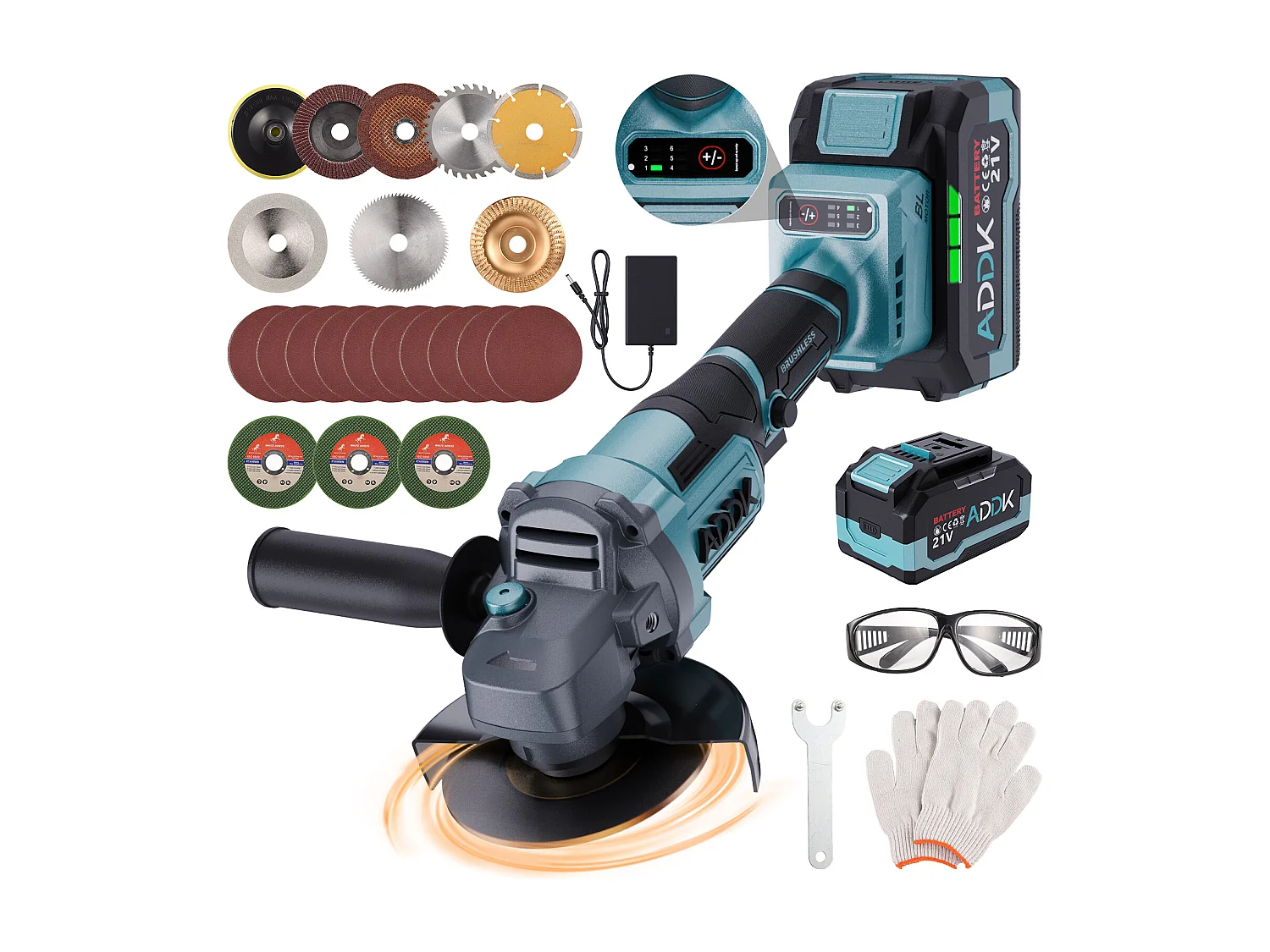 Meuleuse d'Angle Sans Fil 125mm - 2 Batteries 21V 4.0Ah - Moteur Brushless 9000 tr/min - 6 Niveaux Réglables