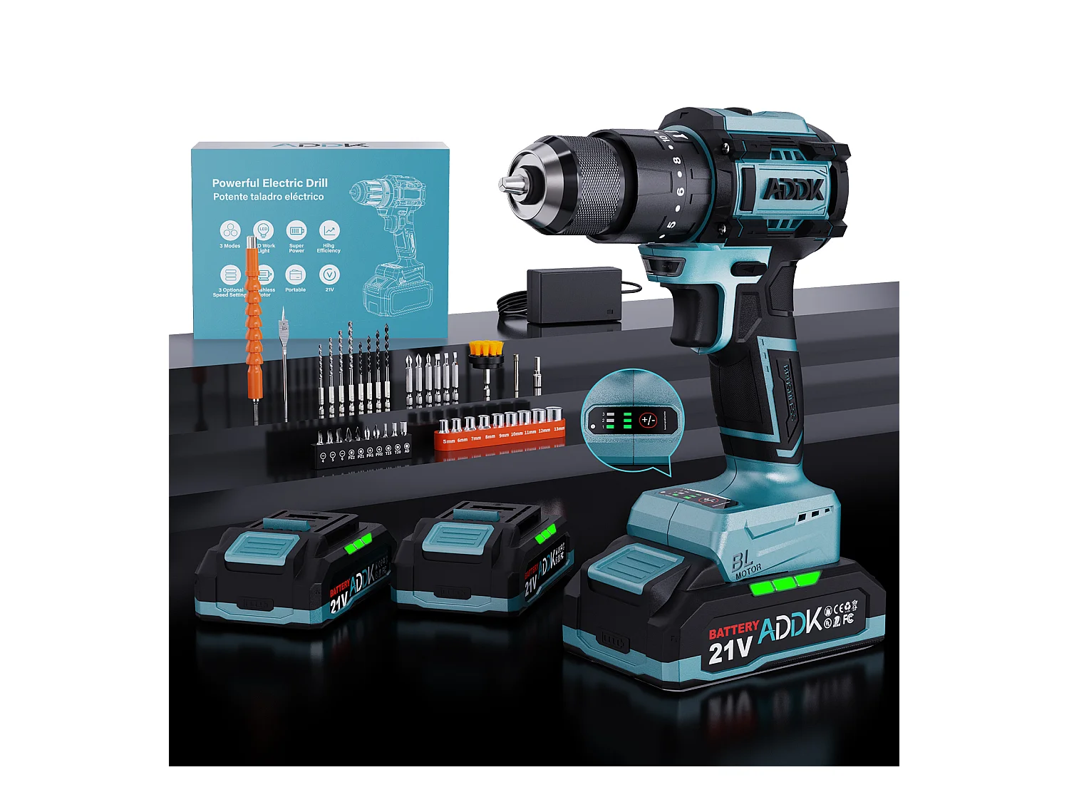 Furadeira e parafusadeira 350W 21V 24+3 modos - 3 velocidades ajustáveis - Furadeira portátil - Azul (2 baterias)