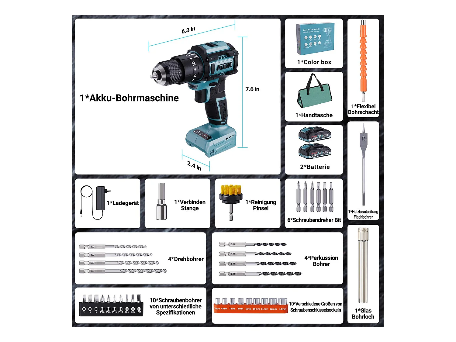 Furadeira e parafusadeira 350W 21V 24+3 modos - 3 velocidades ajustáveis - Furadeira portátil - Azul (2 baterias)