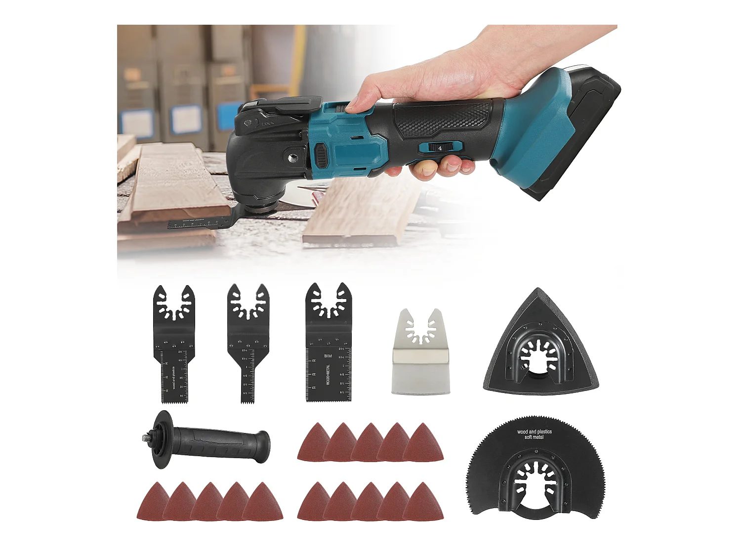 Multiferramenta sem fio Makita 18 V - 6 velocidades ajustáveis - Motor sem escovas + 23 acessórios (pilhas não incluídas)