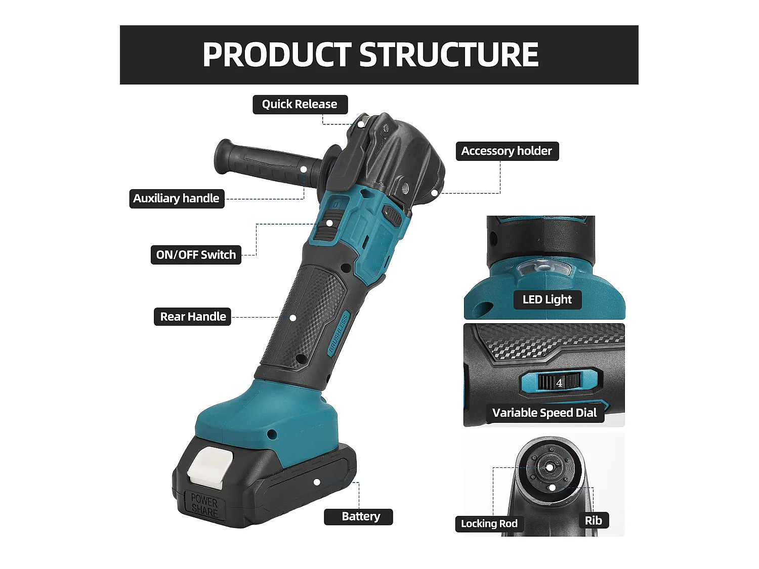 Multiferramenta sem fio Makita 18 V - 6 velocidades ajustáveis - Motor sem escovas + 23 acessórios (pilhas não incluídas)