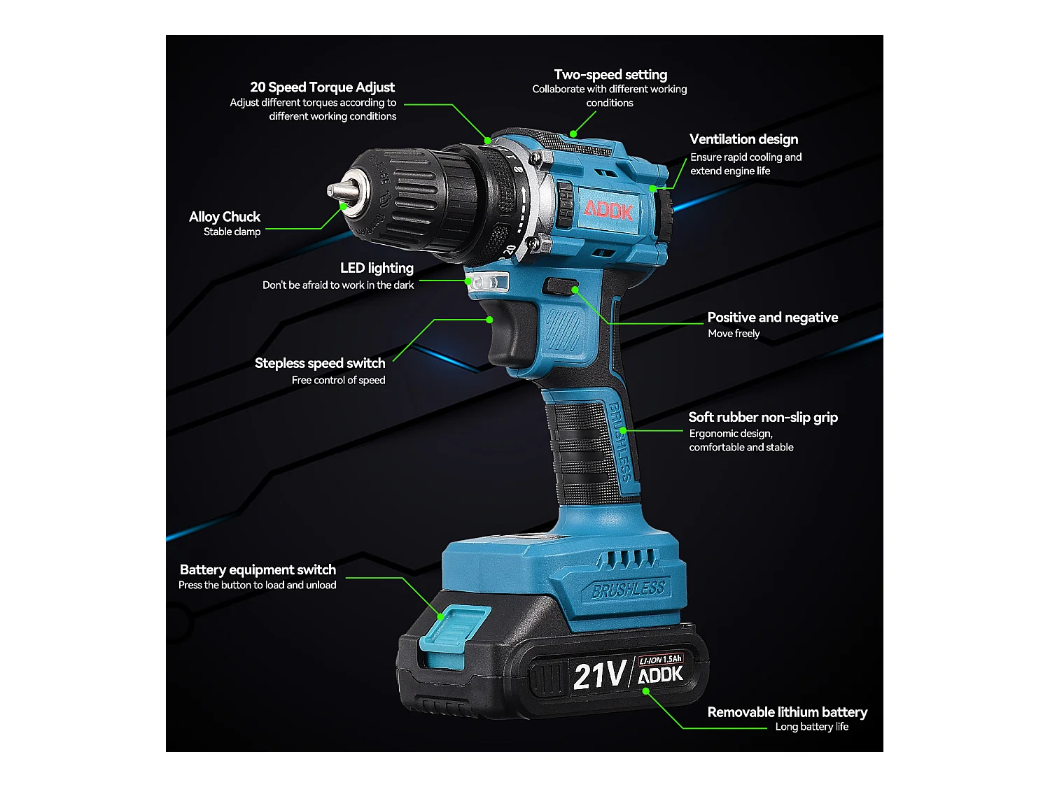 Furadeira sem fio de 21 V - 2 baterias de lítio de 1500 mAh - 25 + 1 configurações de torque - 2 velocidades - 37 acessórios + caixa PP
