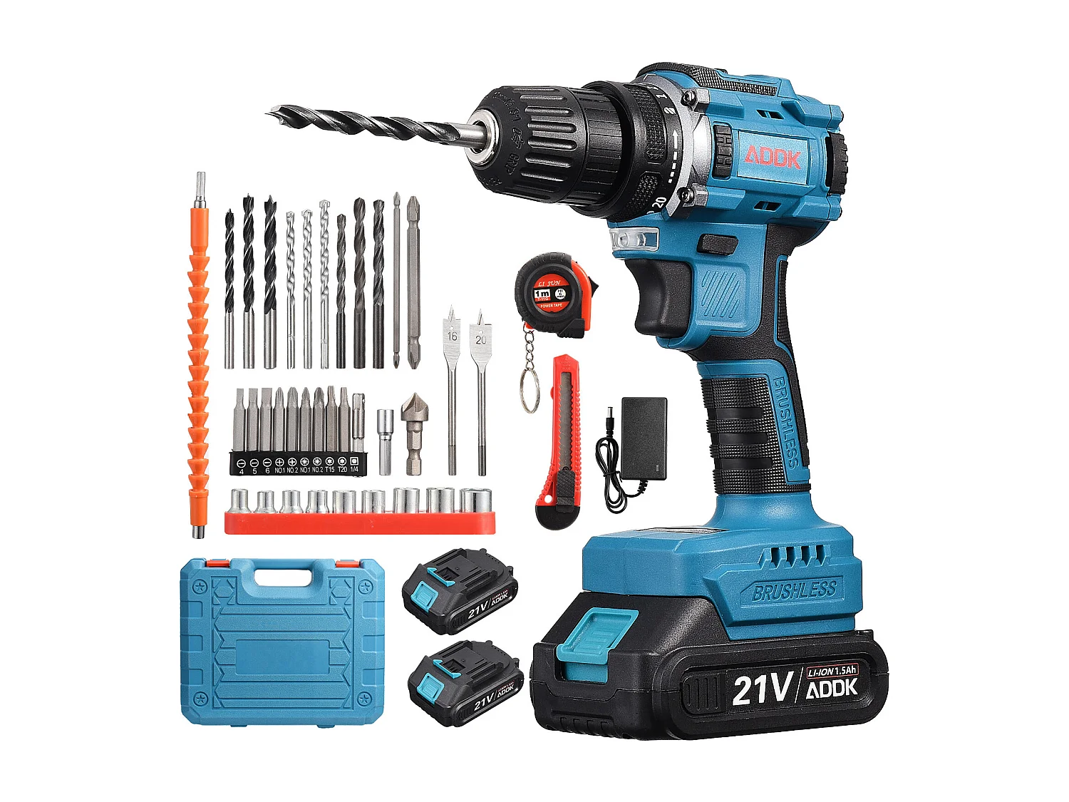 21V accuboormachine - 2 x 1500mAh lithiumbatterijen - 25+1 koppelinstellingen - 2 snelheden - 37 accessoires + PP-doos