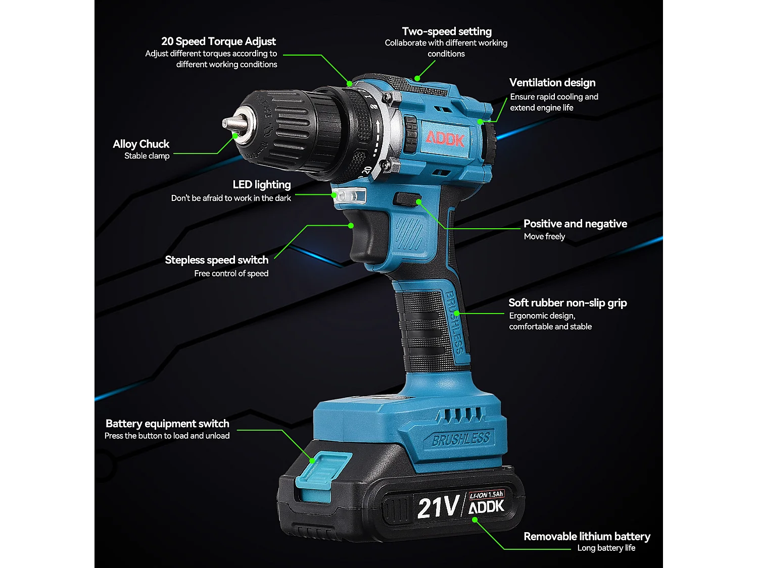 21V accuboormachine - 2 x 1500mAh lithiumbatterijen - 25+1 koppelinstellingen - 2 snelheden - 37 accessoires + PP-doos