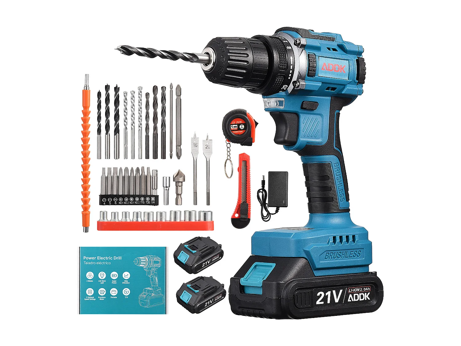 21V accuboormachine - 2 x 1500mAh lithiumbatterijen - 25+1 koppelinstellingen - 2 snelheden - 37 accessoires + PP-doos
