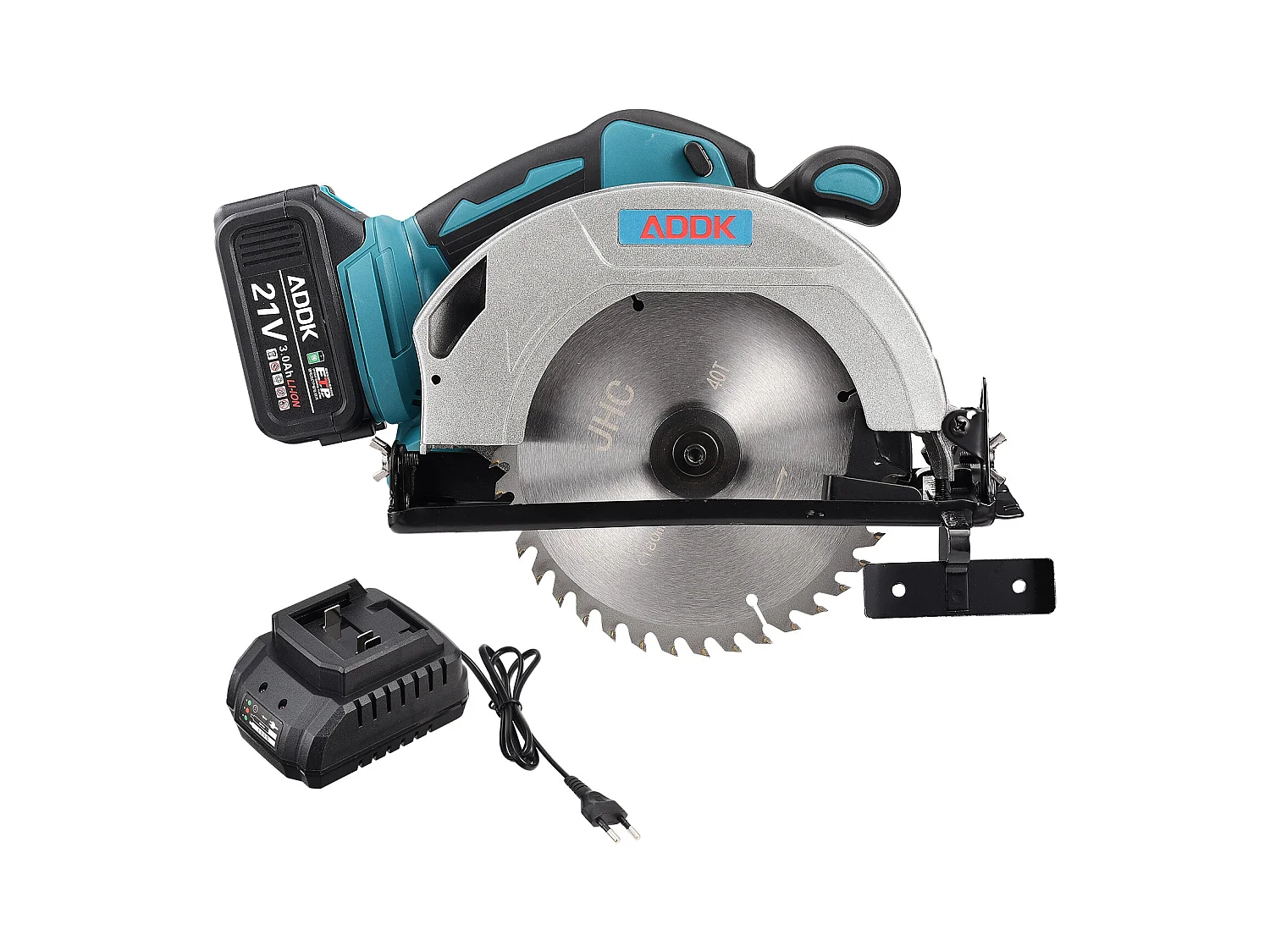 Serra circular sem fio 21 V - Motor sem escovas - 1 bateria de 3,0 Ah + carregador - Lâmina de Ø180 mm, profundidade de corte de 56 mm