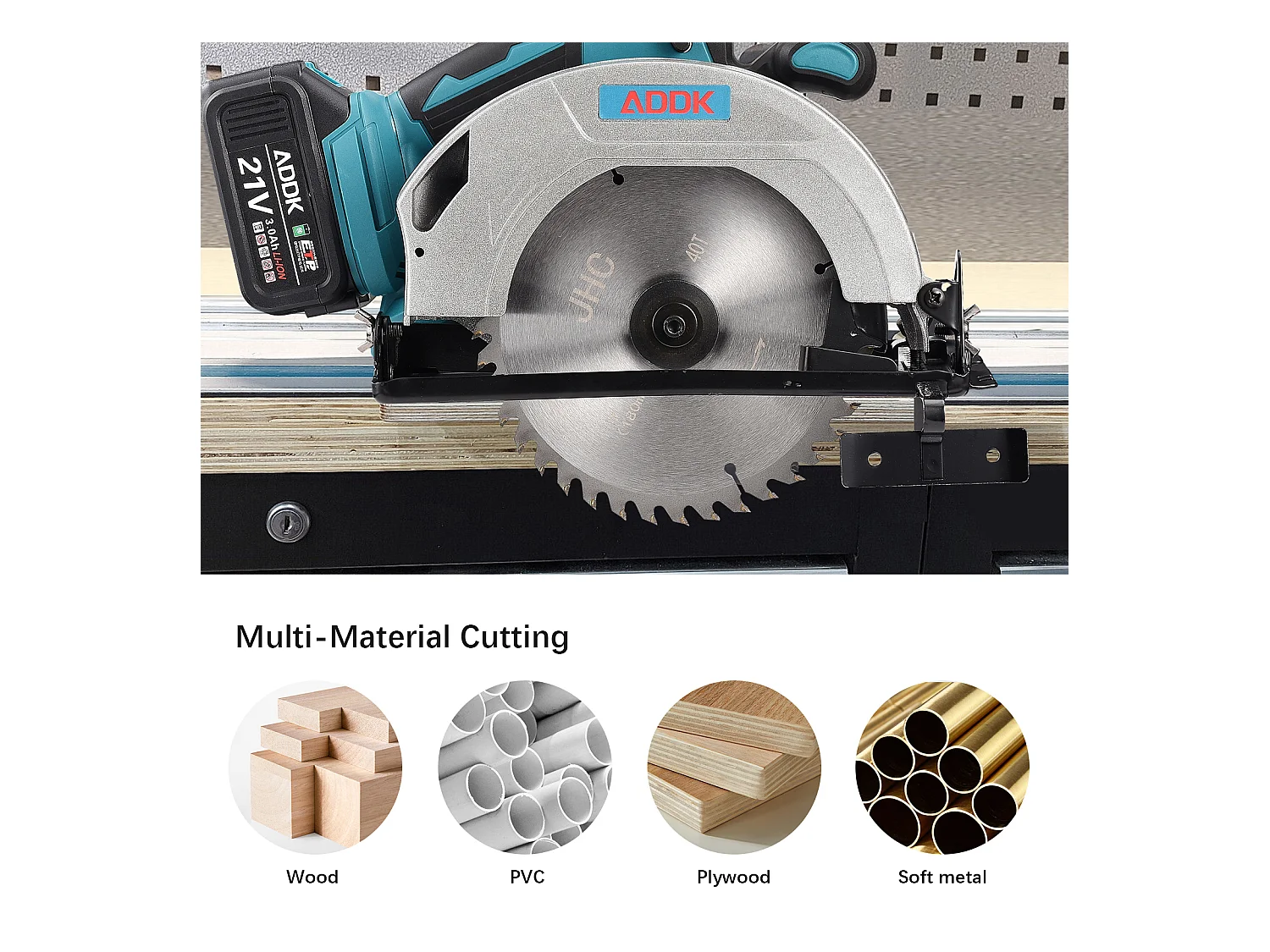 Serra circular sem fio 21 V - Motor sem escovas - 1 bateria de 3,0 Ah + carregador - Lâmina de Ø180 mm, profundidade de corte de 56 mm