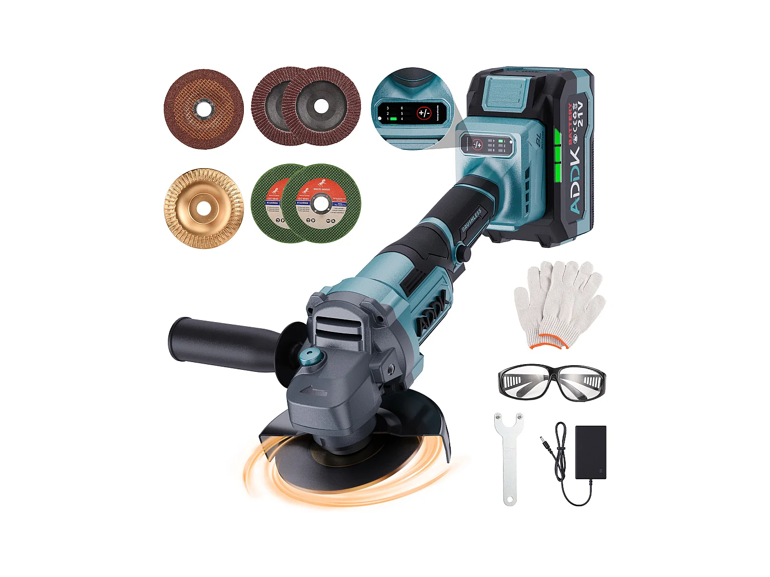 Esmerilhadeira angular sem fio de 125 mm - 1 bateria de 21 V e 4,0 Ah - Motor sem escovas de 9000 rpm - 6 níveis ajustáveis + 9 acessórios