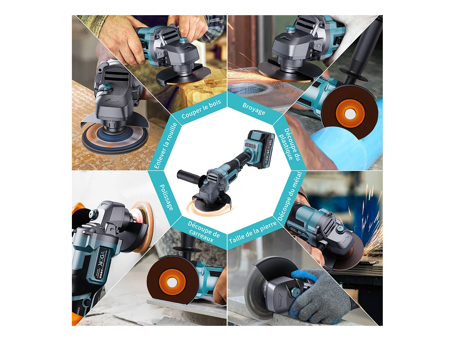 Esmerilhadeira angular sem fio de 125 mm - 1 bateria de 21 V e 4,0 Ah - Motor sem escovas de 9000 rpm - 6 níveis ajustáveis + 9 acessórios