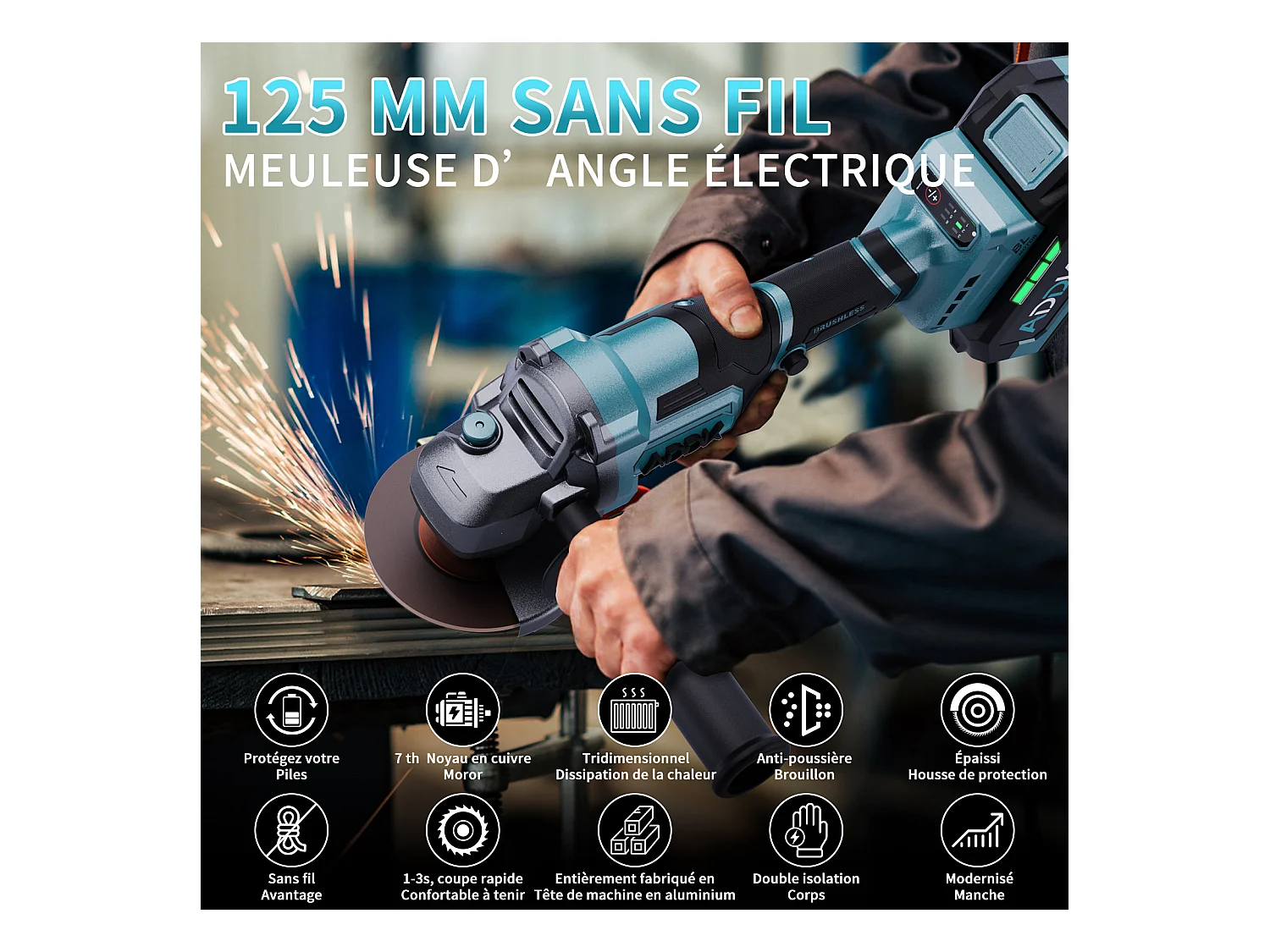 Esmerilhadeira angular sem fio de 125 mm - 1 bateria de 21 V e 4,0 Ah - Motor sem escovas de 9000 rpm - 6 níveis ajustáveis + 9 acessórios