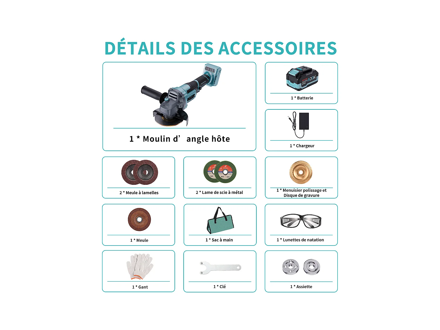 Esmerilhadeira angular sem fio de 125 mm - 1 bateria de 21 V e 4,0 Ah - Motor sem escovas de 9000 rpm - 6 níveis ajustáveis + 9 acessórios