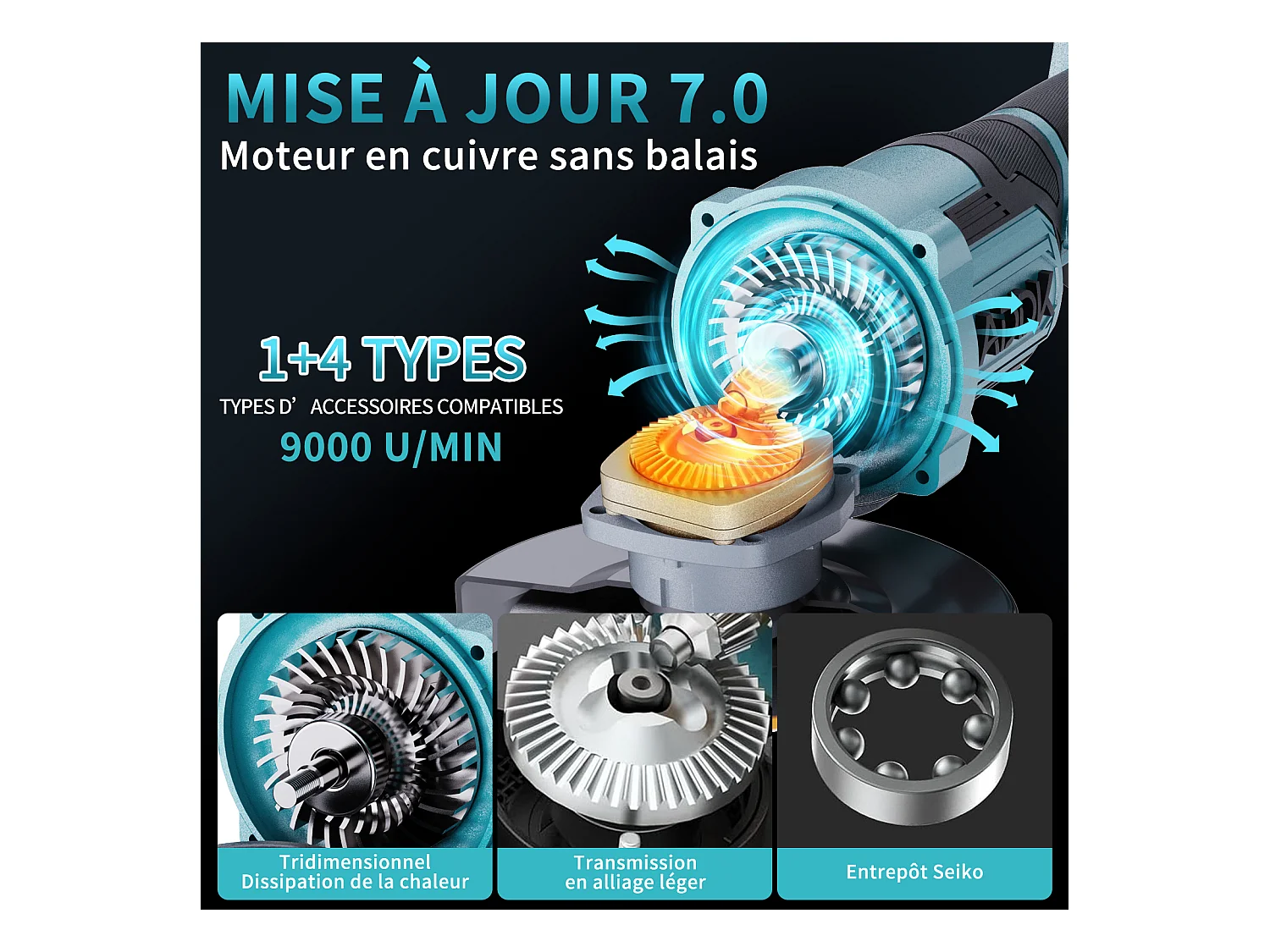 Esmerilhadeira angular sem fio de 125 mm - 1 bateria de 21 V e 4,0 Ah - Motor sem escovas de 9000 rpm - 6 níveis ajustáveis + 9 acessórios