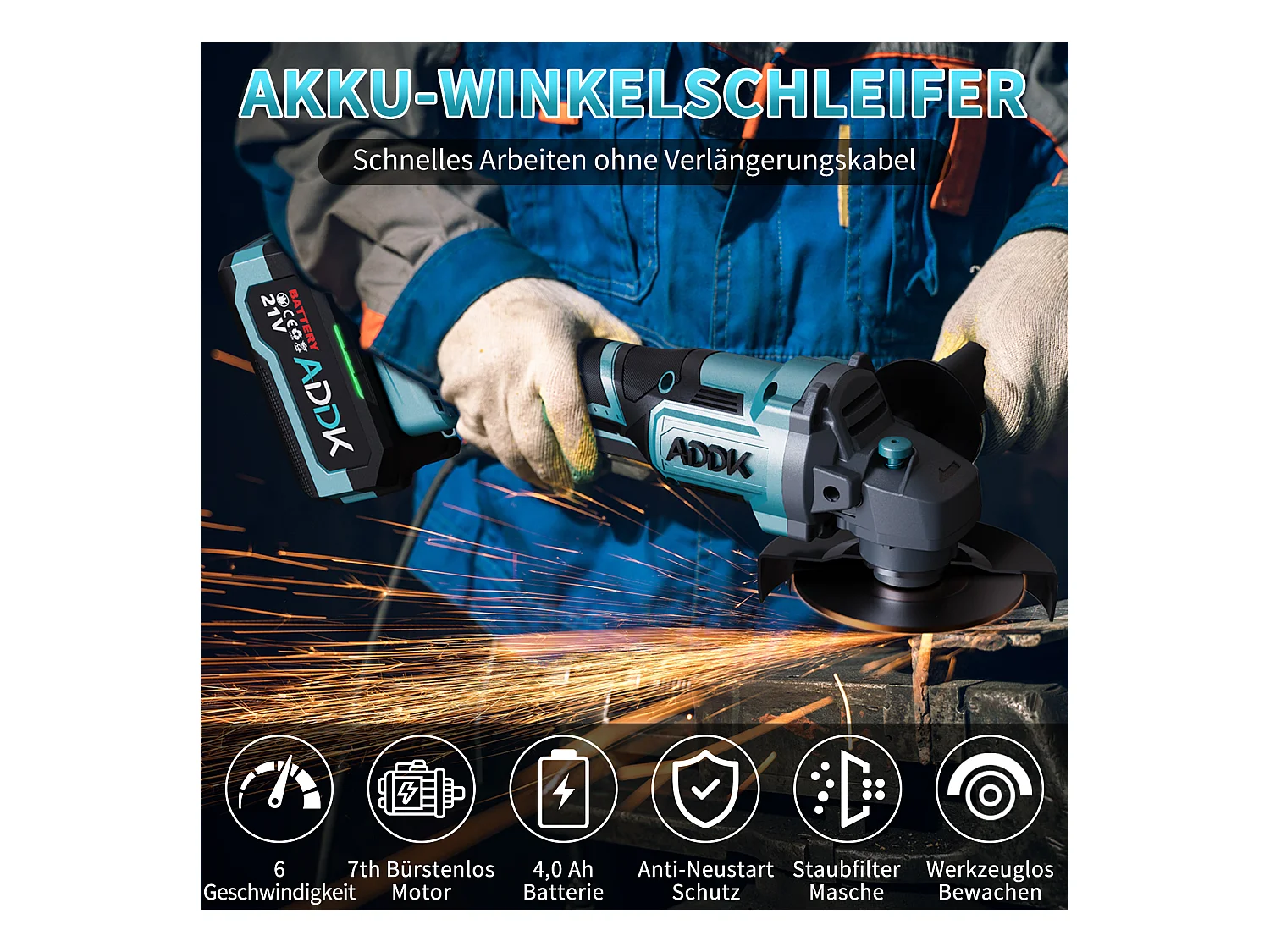 Esmerilhadeira angular sem fio de 125 mm - 1 bateria de 21 V e 4,0 Ah - Motor sem escovas de 9000 rpm - 6 níveis ajustáveis + 9 acessórios