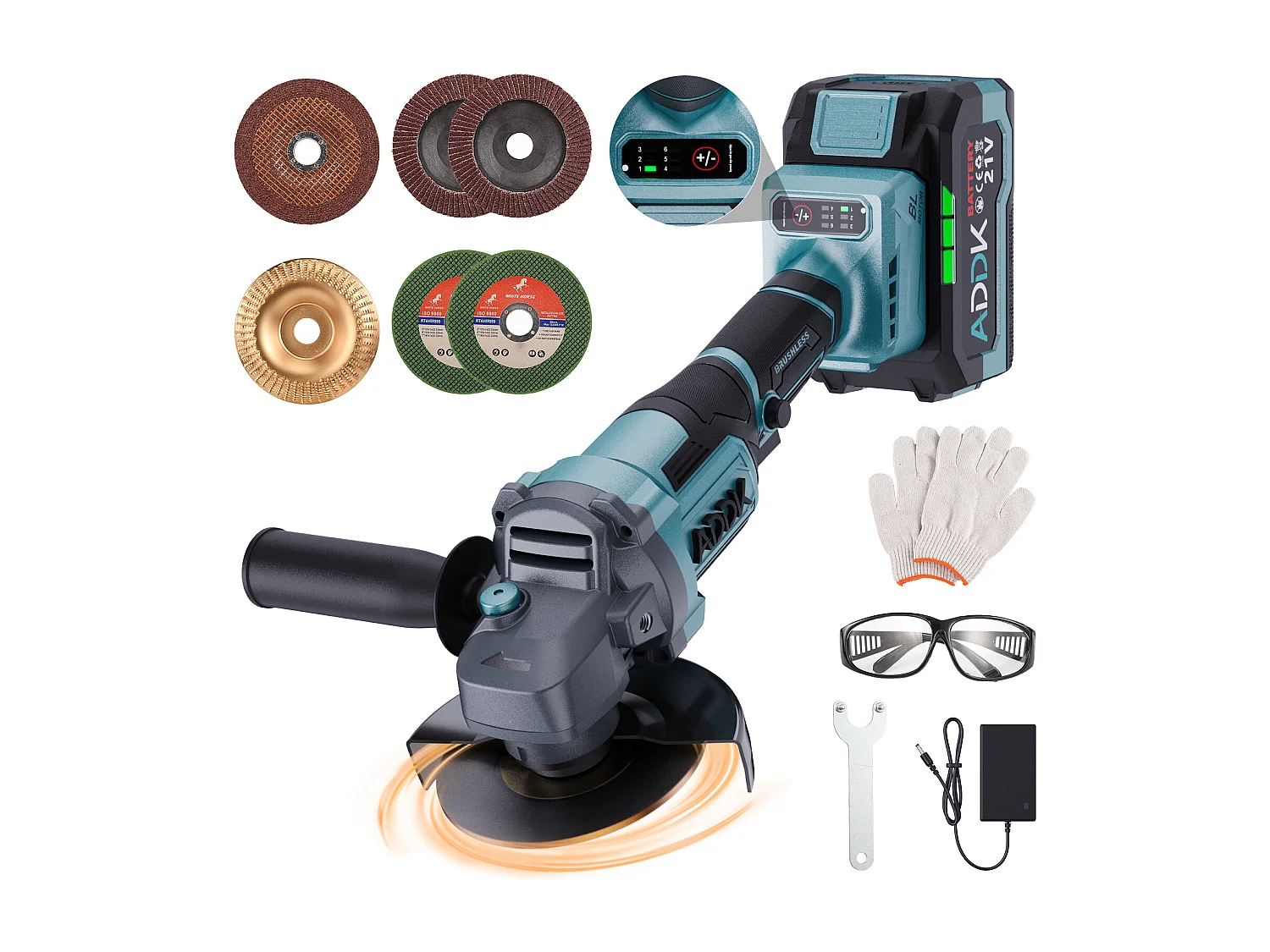 Meuleuse d'Angle Sans Fil 125mm - 1 Batterie 21V 4.0Ah - Moteur Brushless 9000 tr/min - 6 Niveaux Réglables + 9 Accessoires