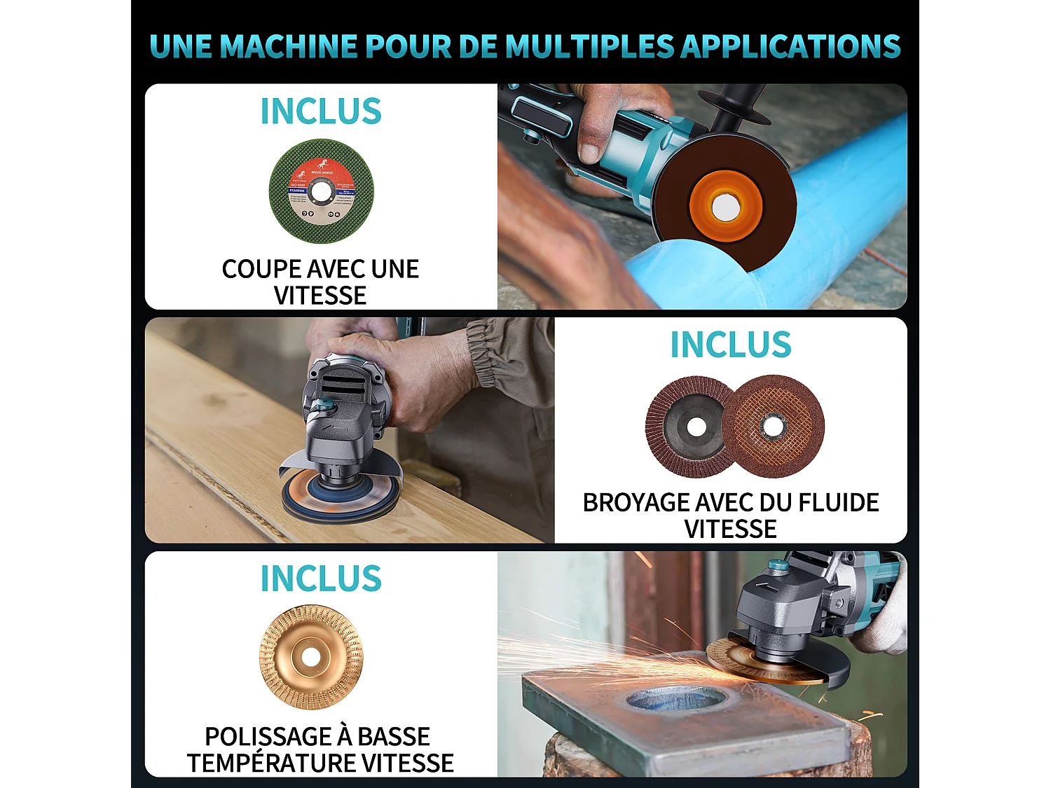 Meuleuse d'Angle Sans Fil 125mm - 1 Batterie 21V 4.0Ah - Moteur Brushless 9000 tr/min - 6 Niveaux Réglables + 9 Accessoires